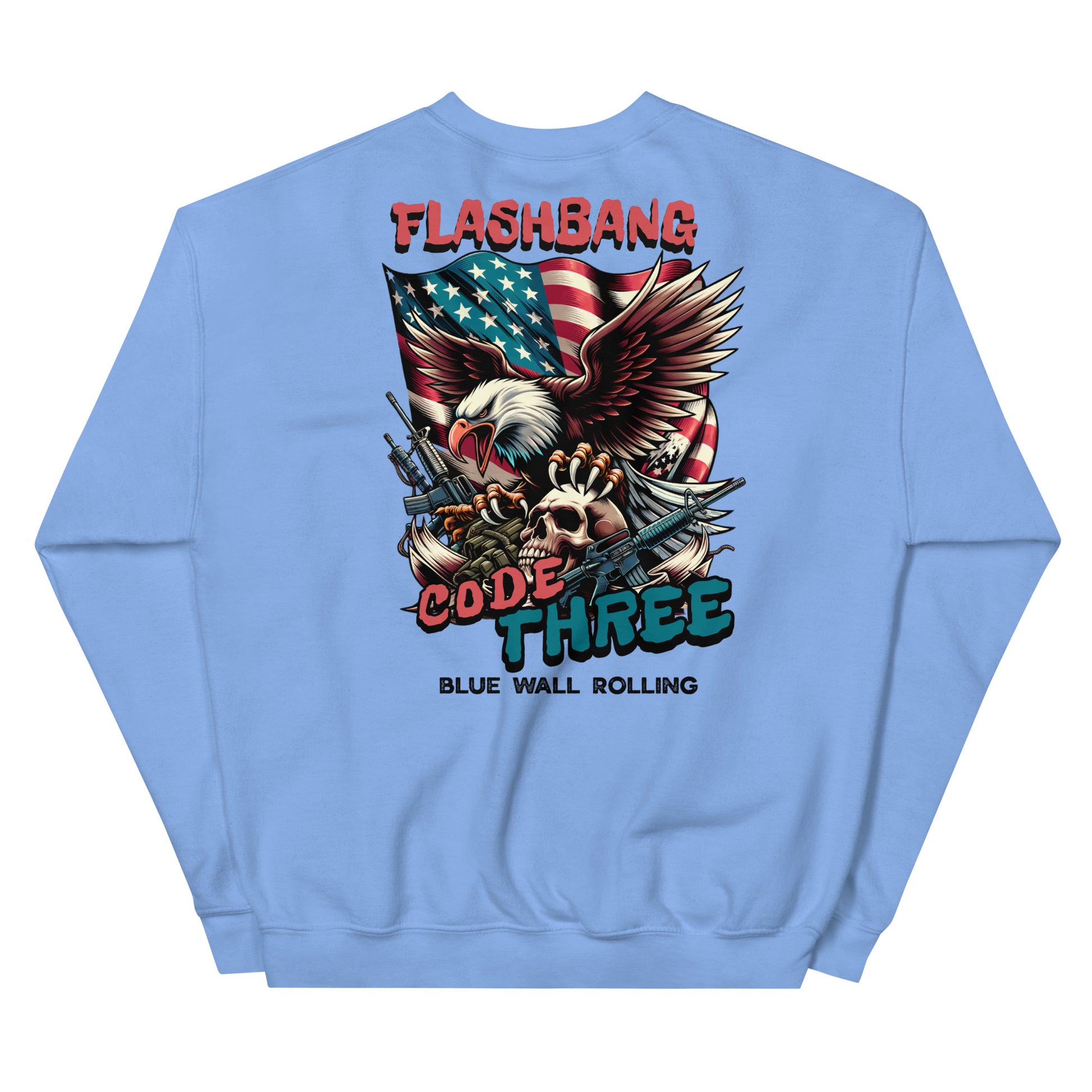 Light blue sweatshirt with graphic design and text on a white background