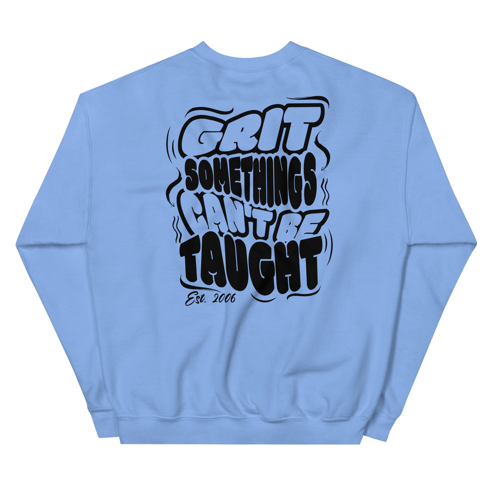 Light blue sweatshirt with black text design on a white background