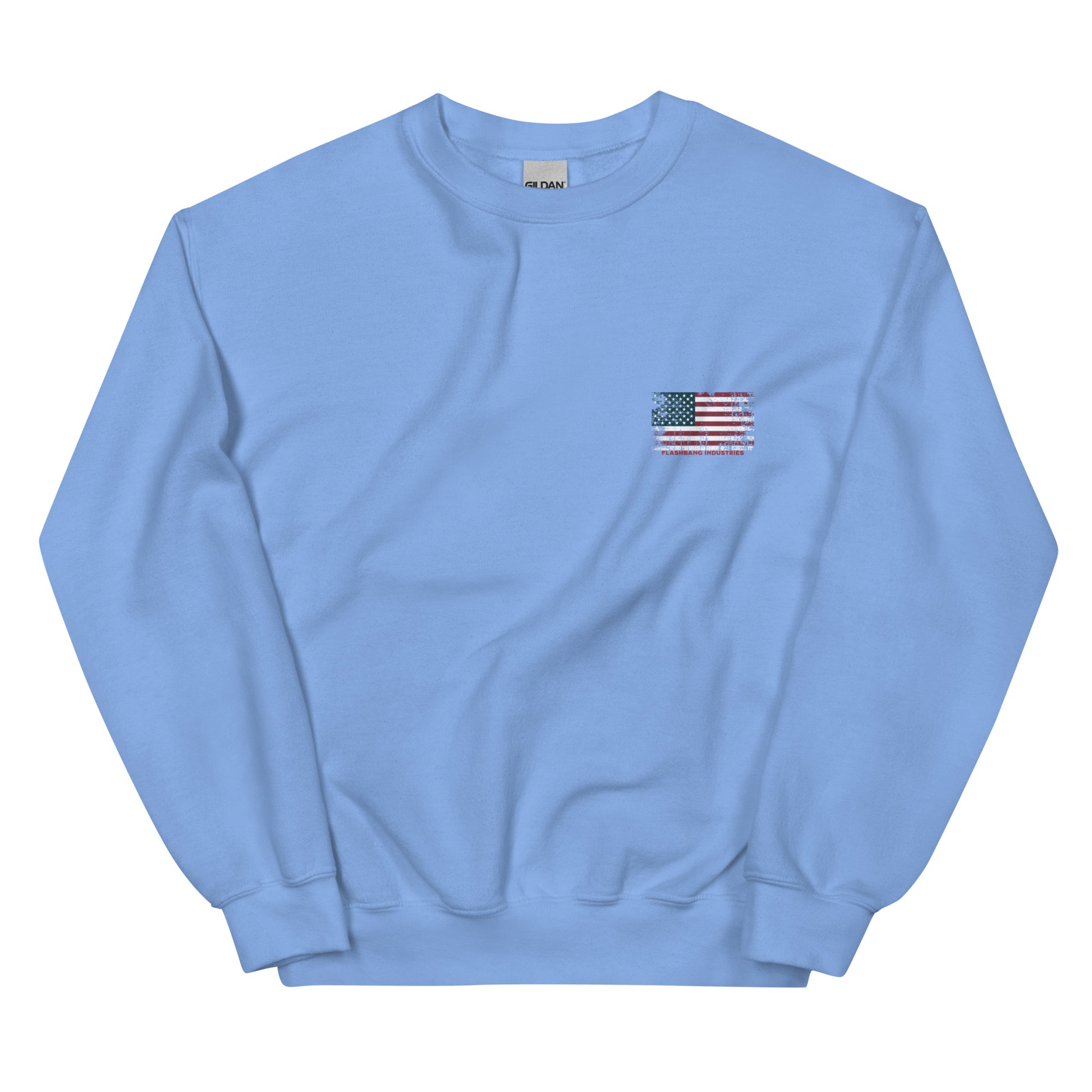 Light blue sweatshirt with a small American flag patch on a white background