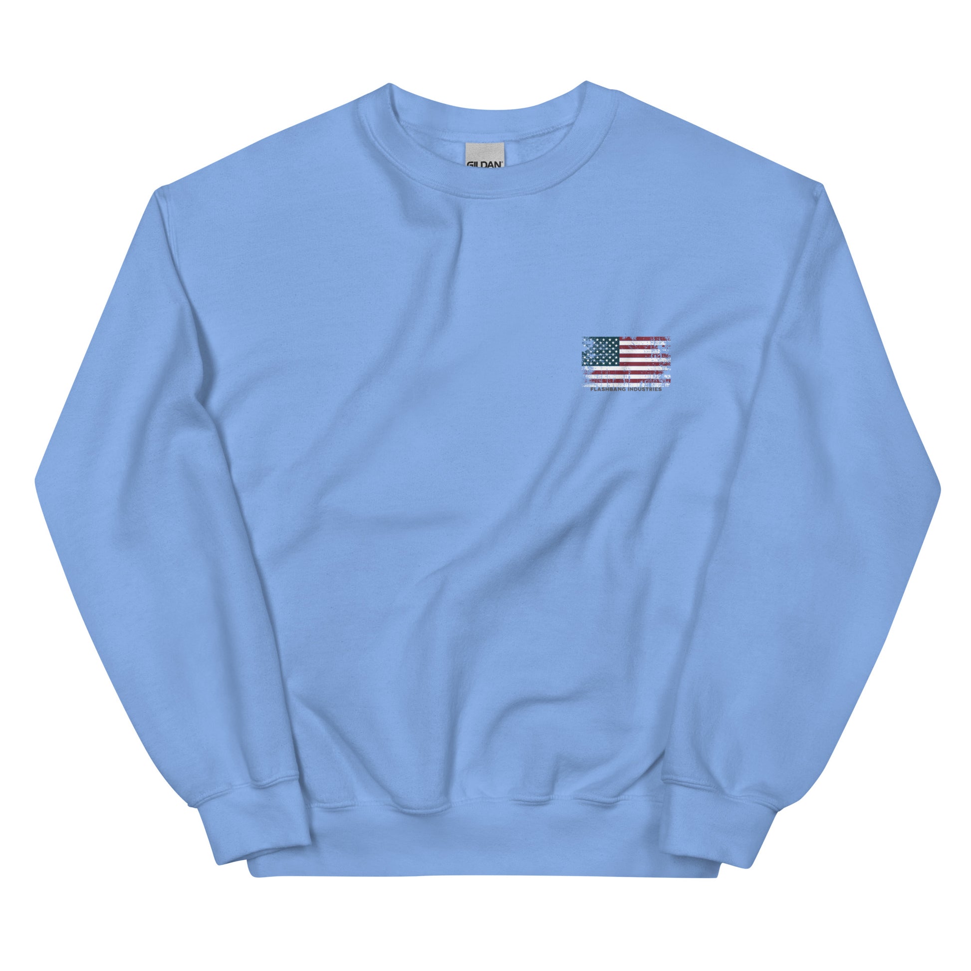 Light blue sweatshirt with an American flag patch on a white background