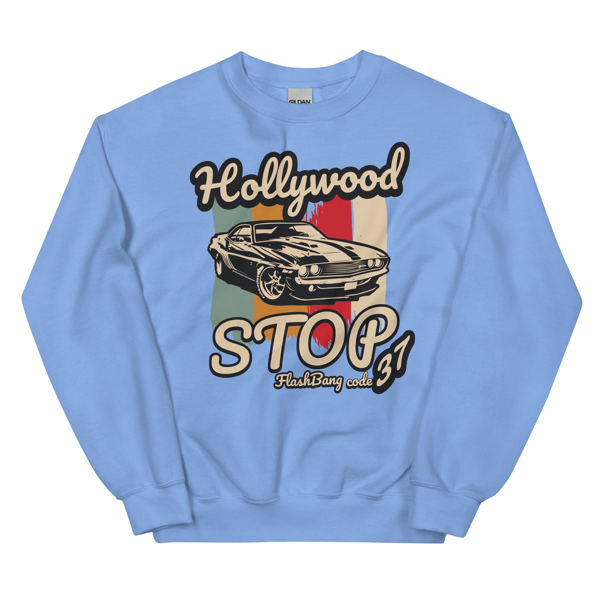 Light blue sweatshirt with a graphic of a car and text on a white background