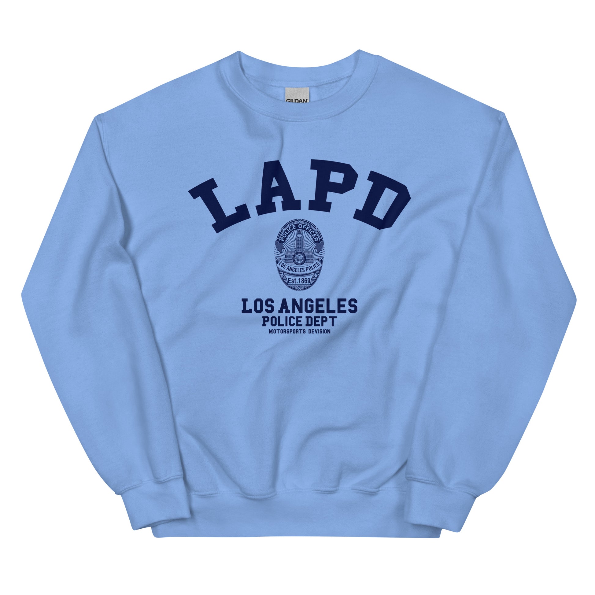 Light blue sweatshirt with LAPD Los Angeles Police Dept text on a white background