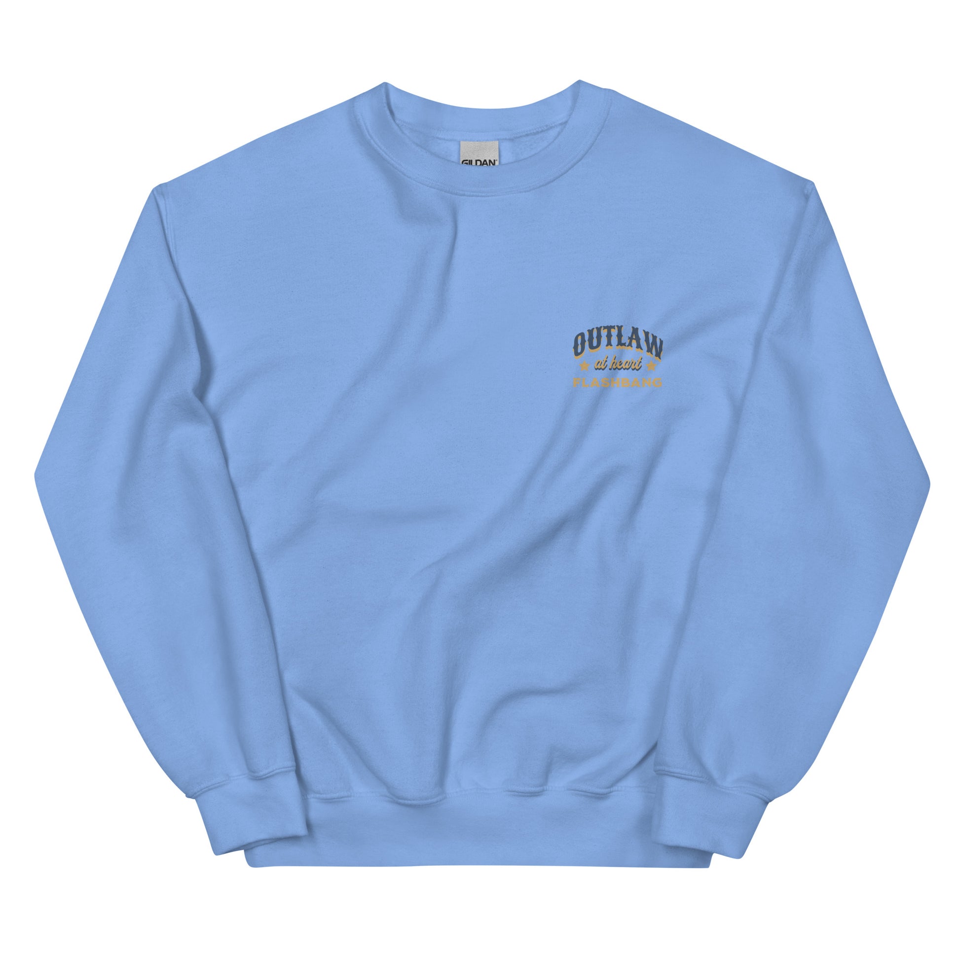 Light blue sweatshirt with text on a white background