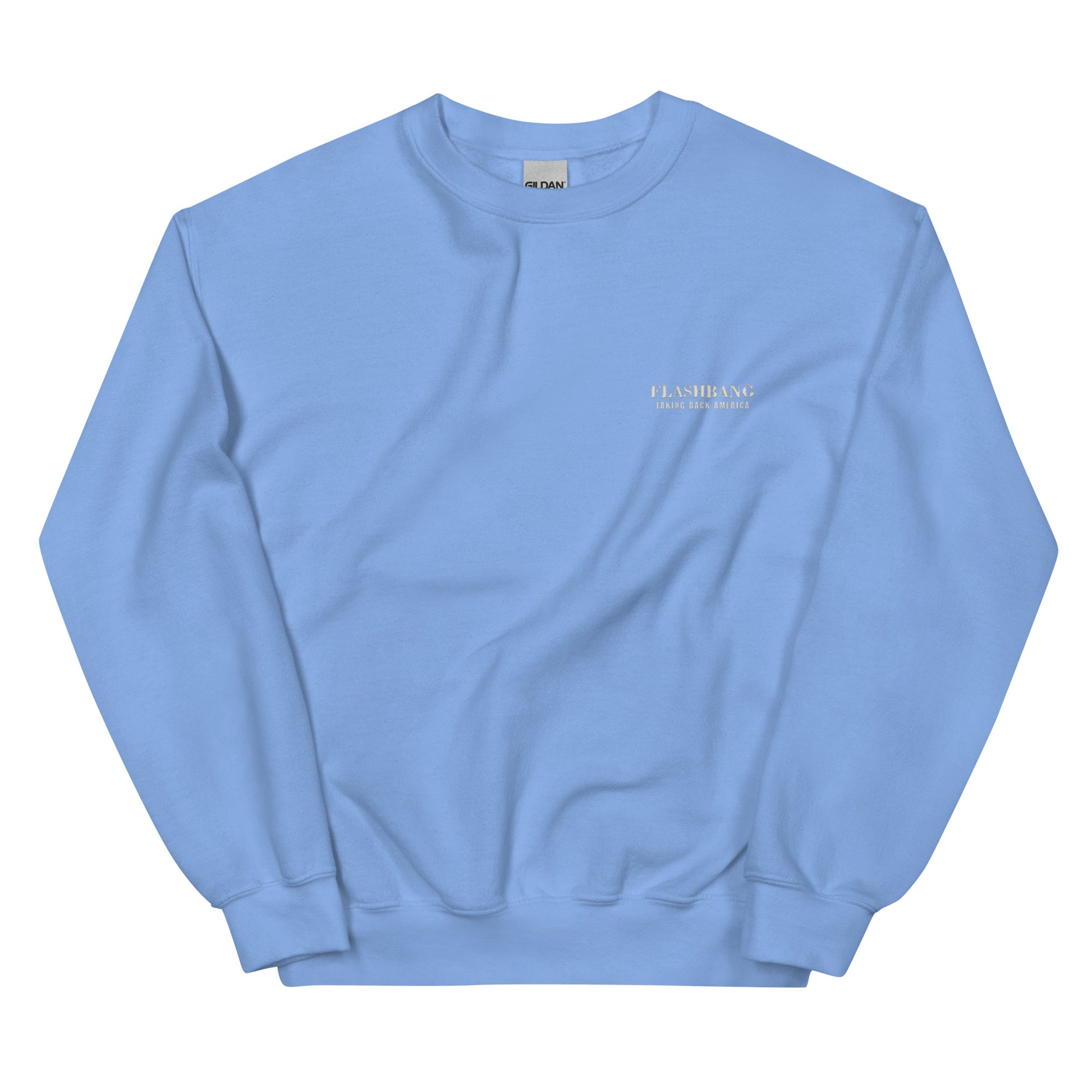 Light blue sweatshirt with a brand logo on a white background
