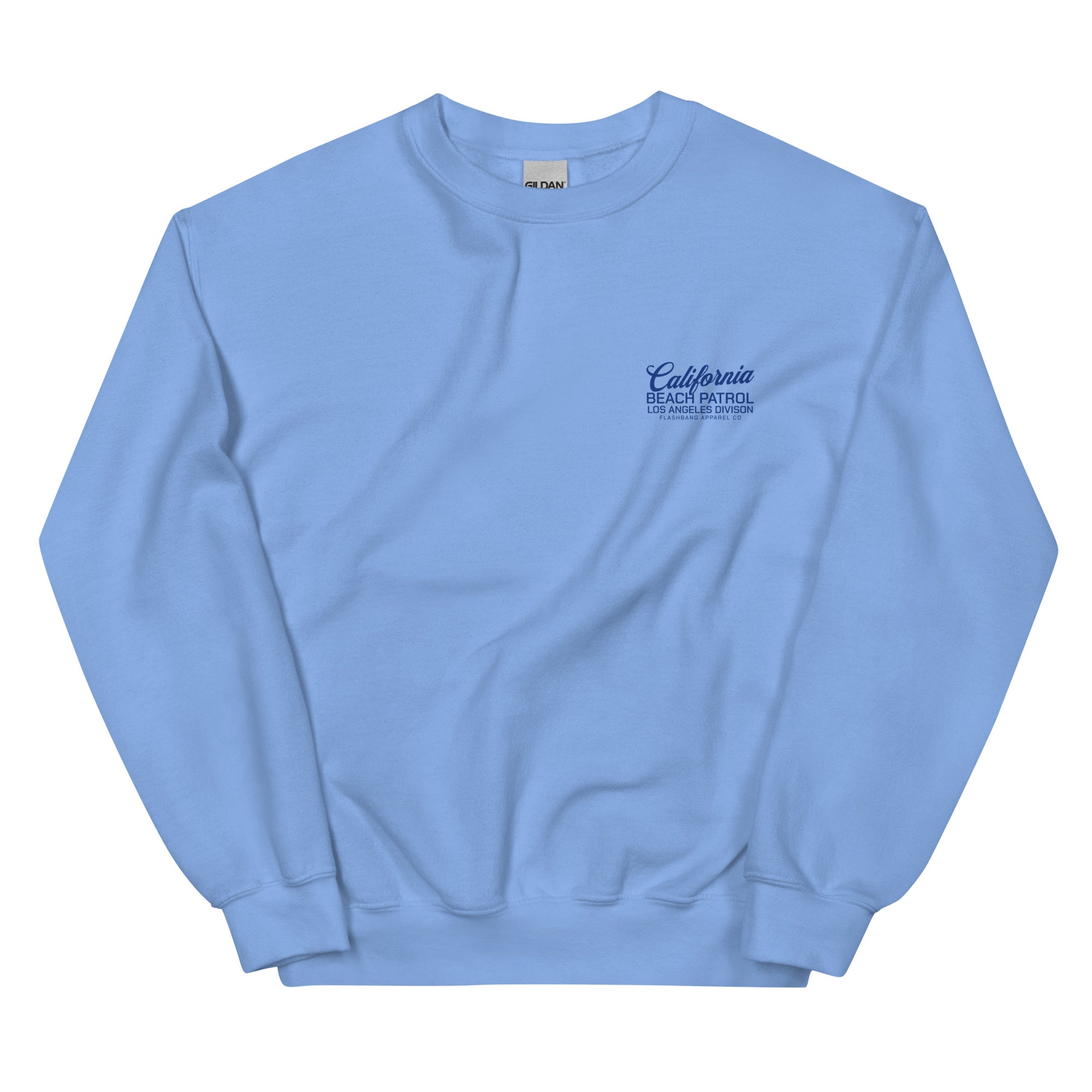 Light blue sweatshirt with 'California Beach Patrol' text on a white background
