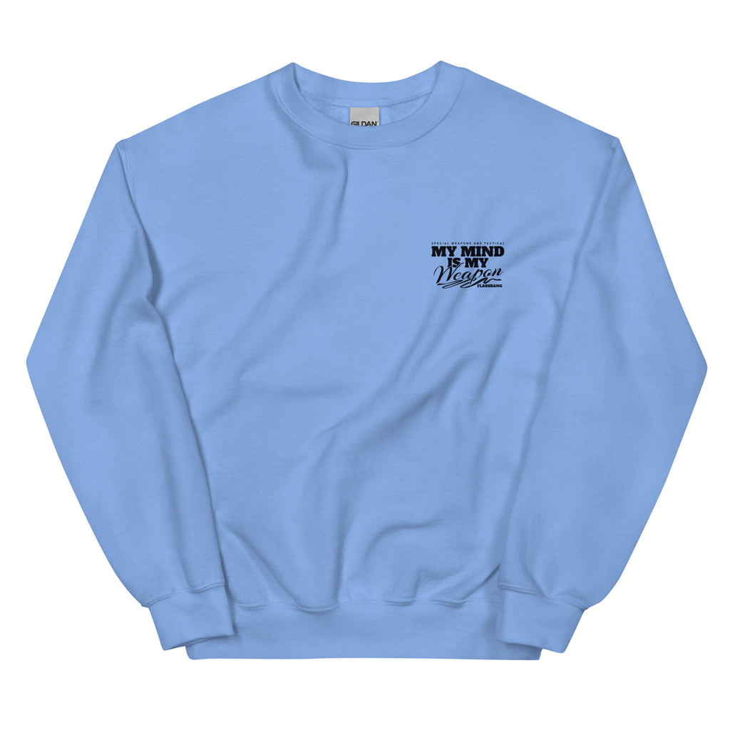Light blue sweatshirt with text on a white background