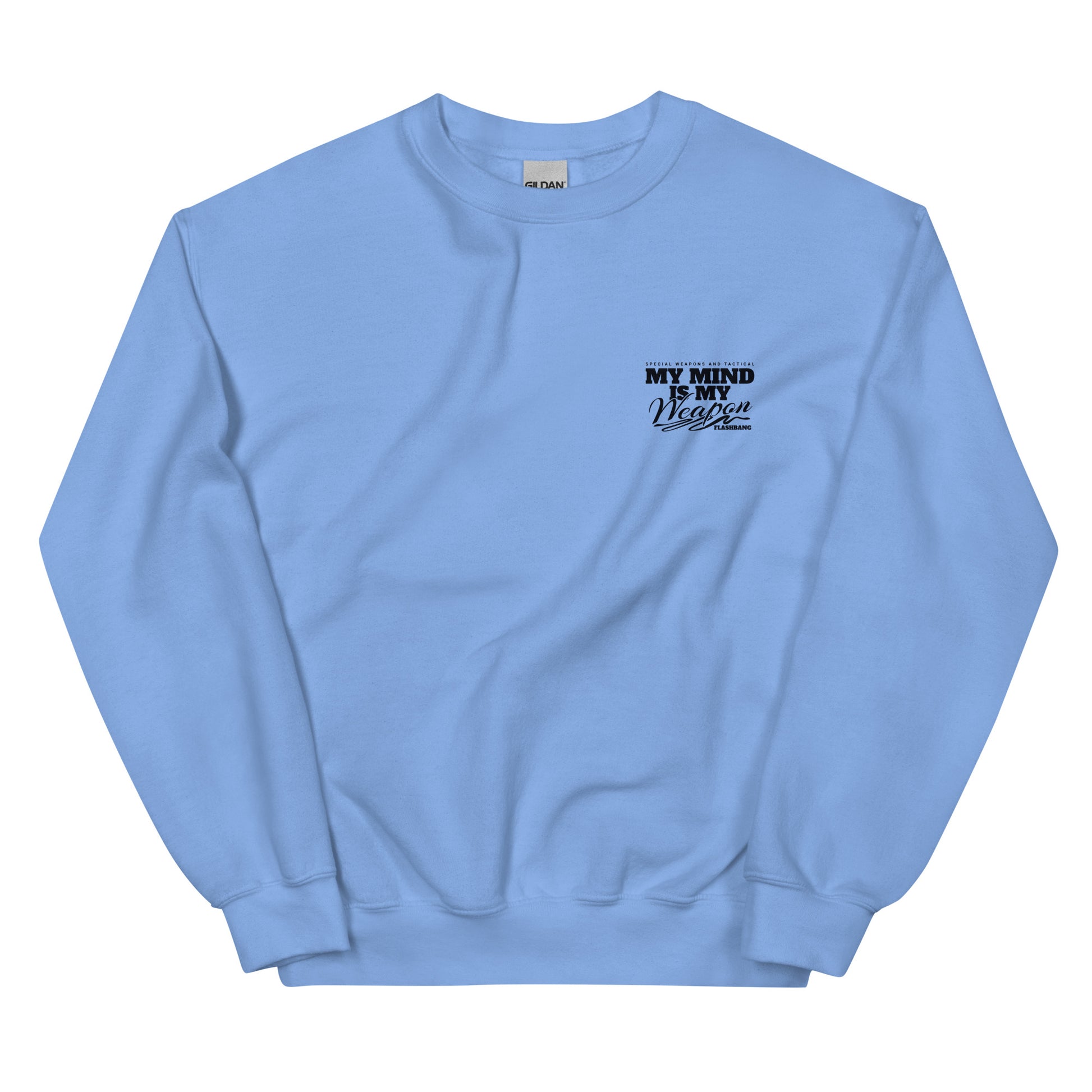 Light blue sweatshirt with text on a white background