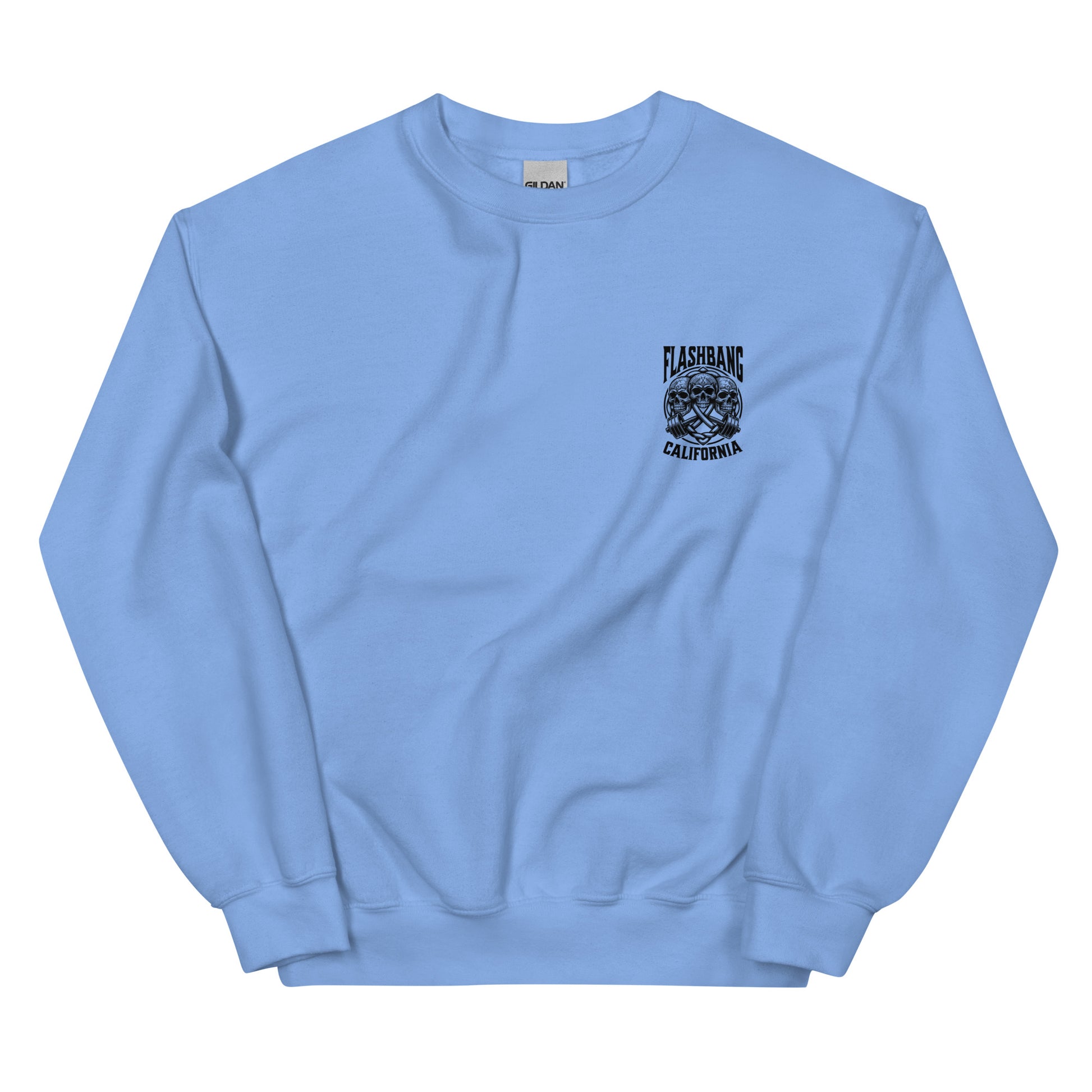 Light blue sweatshirt with a graphic design on the chest against a white background