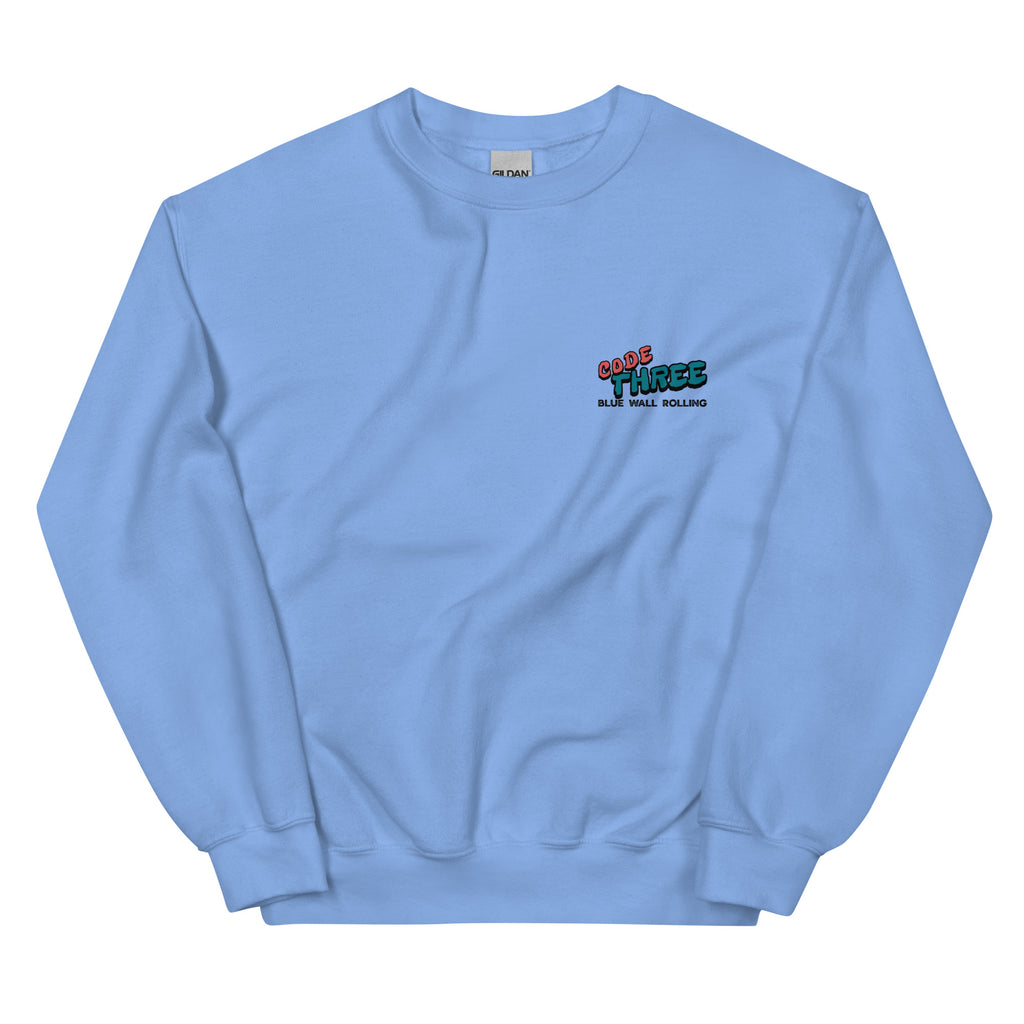 Light blue sweatshirt with a logo on the chest against a white background