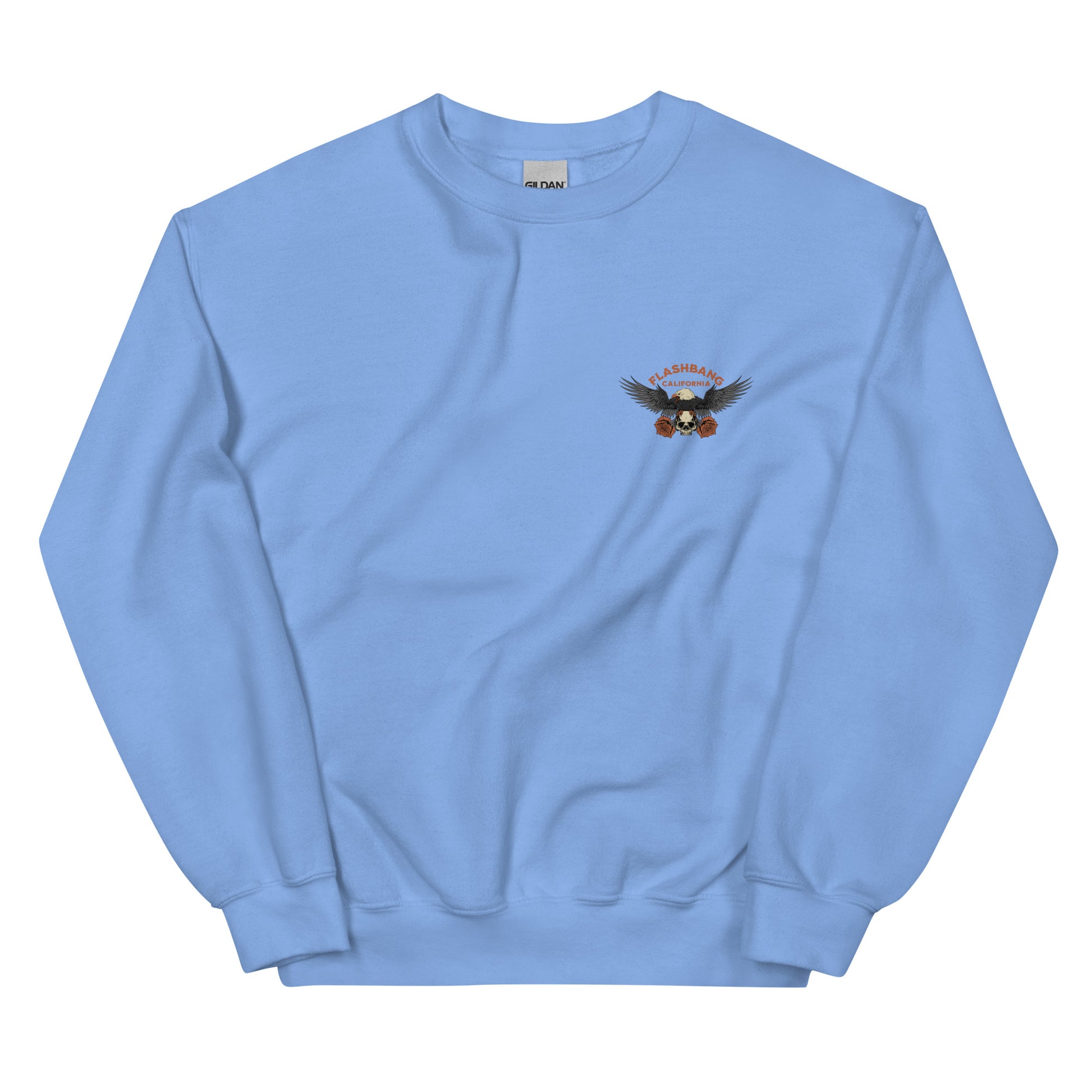 Light blue sweatshirt with a logo on the chest against a white background