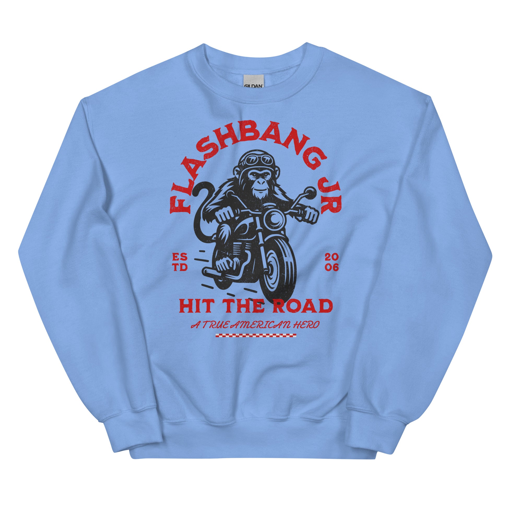 Light blue sweatshirt with a monkey on a motorcycle graphic and text 'Flashbang Jr. Hit the Road'.