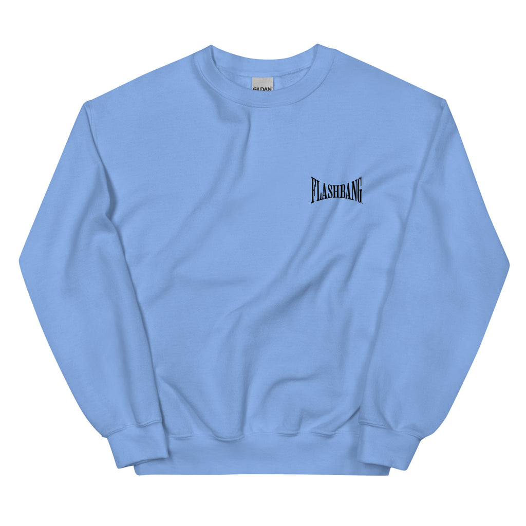 Light blue sweatshirt with 'FLASHBANG' logo on a white background