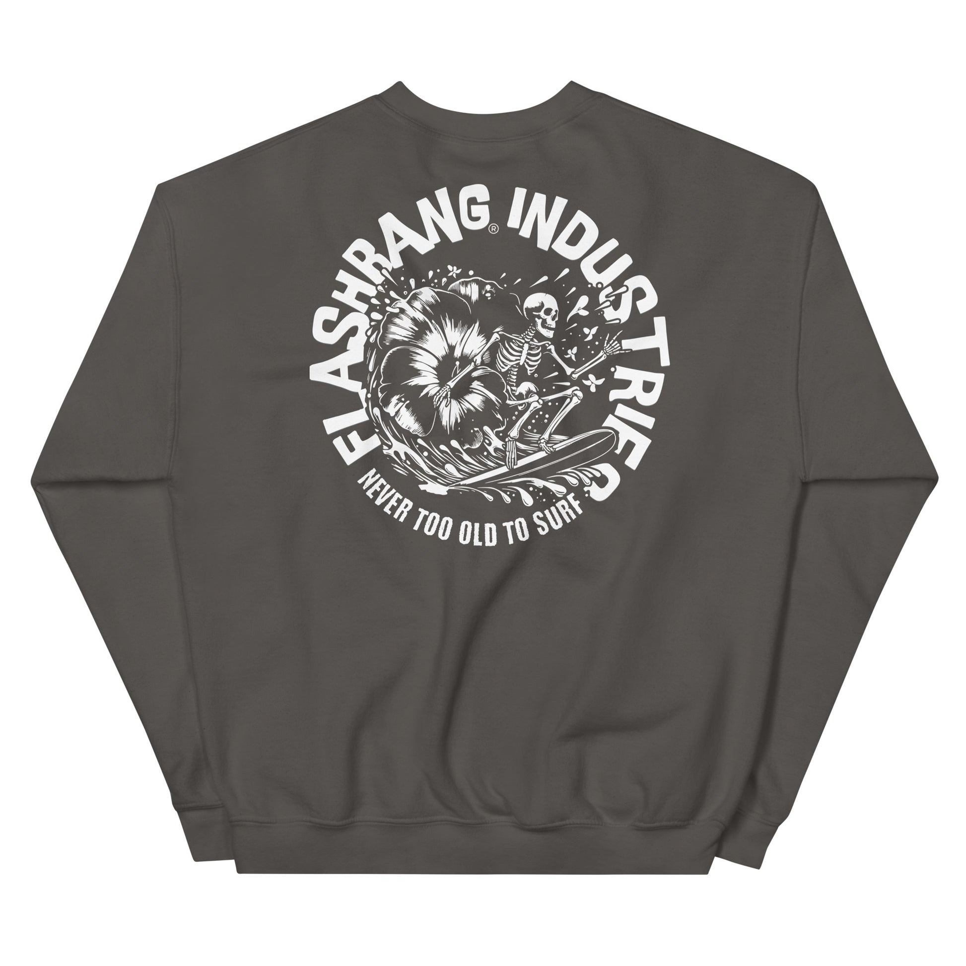 Dark gray sweatshirt with a graphic design and text on the back, displayed on a white background.