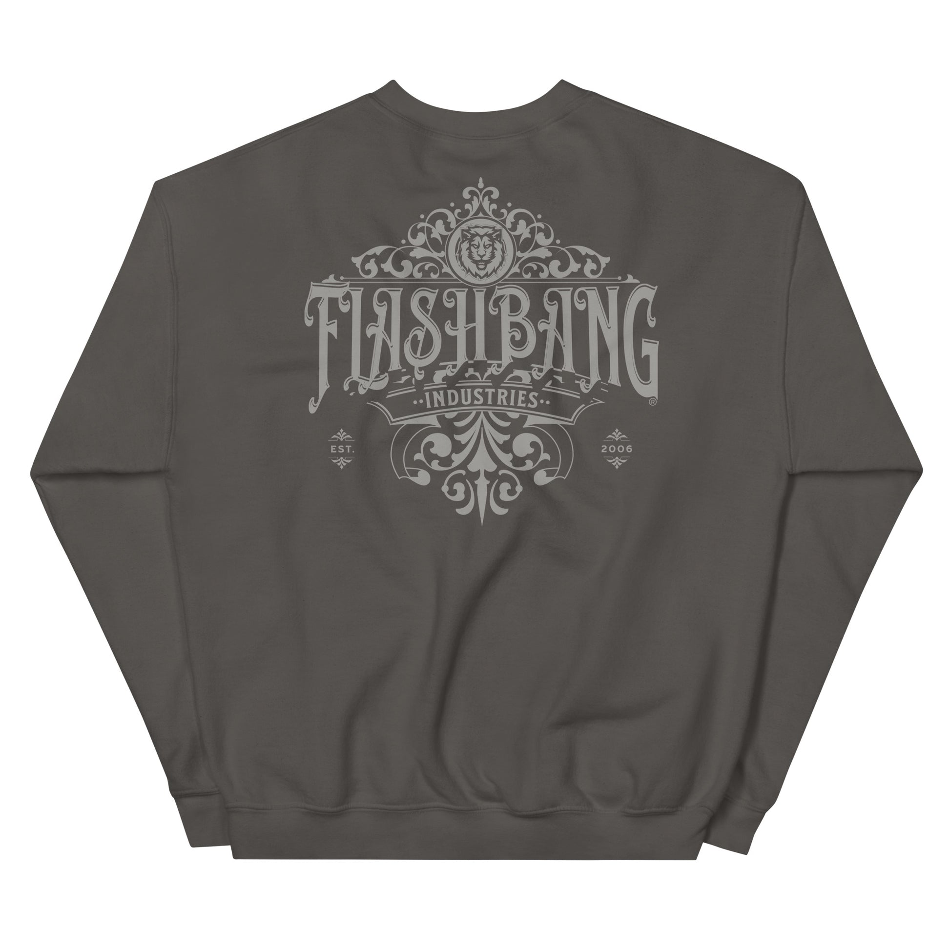 Dark gray sweatshirt with 'Flash Bang Industries' logo on the back against a white background
