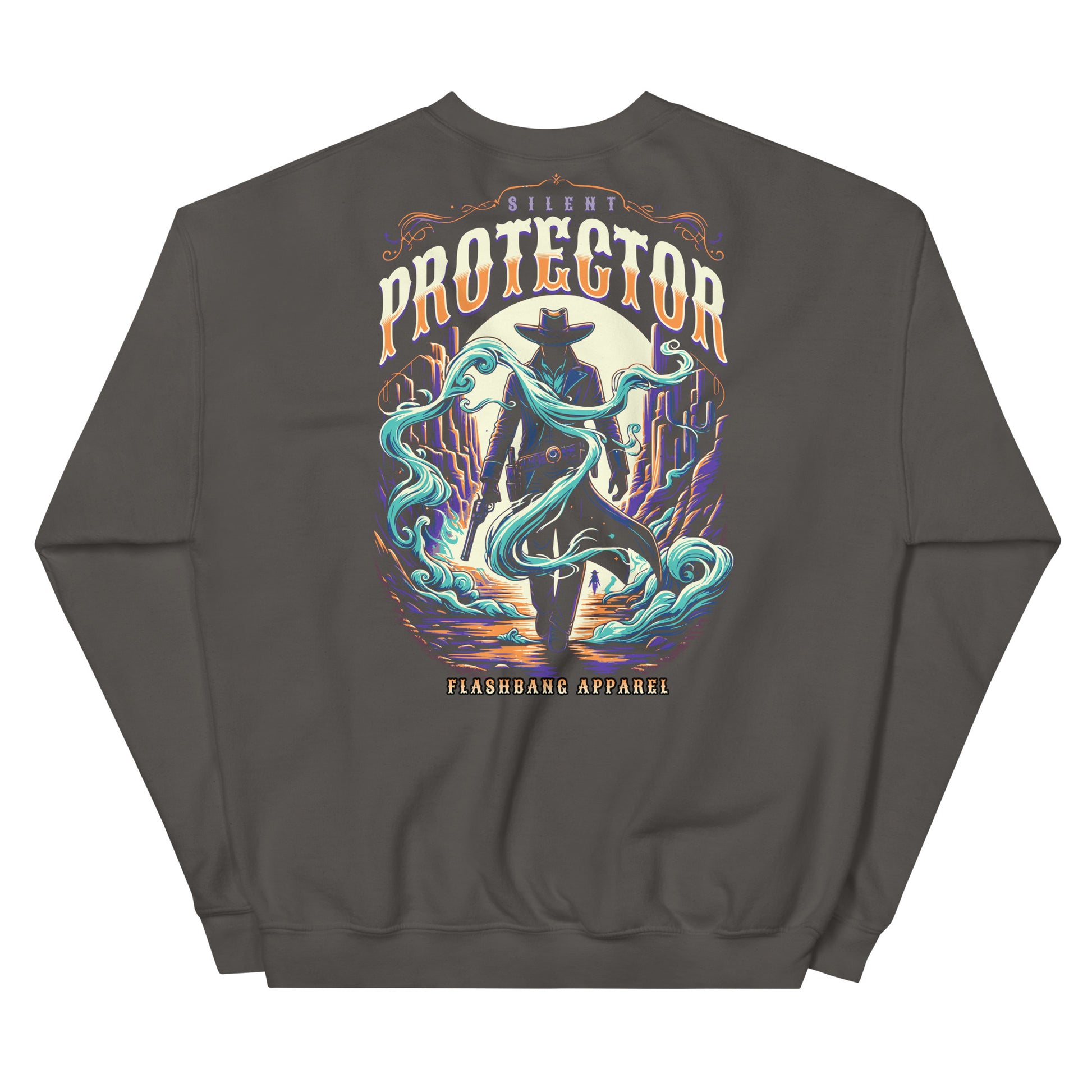 Dark gray sweatshirt with a colorful graphic design on the back featuring text and a silhouette of a person on horseback.
