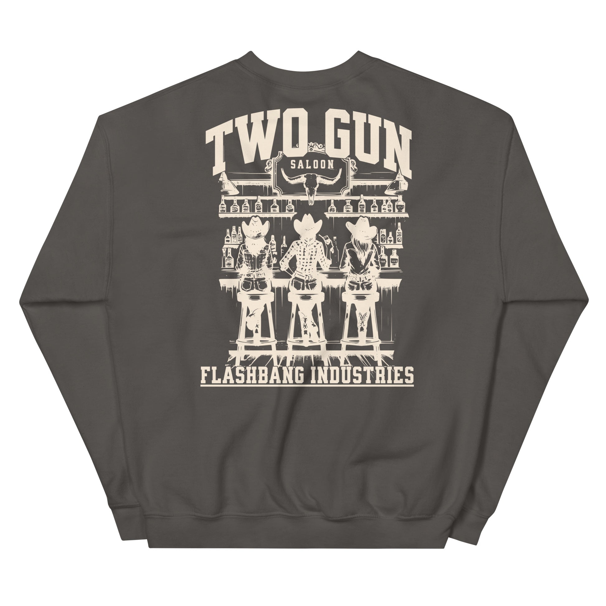 Gray sweatshirt with 'Two Gun Saloon' graphic on the back, featuring cowboys and a saloon.