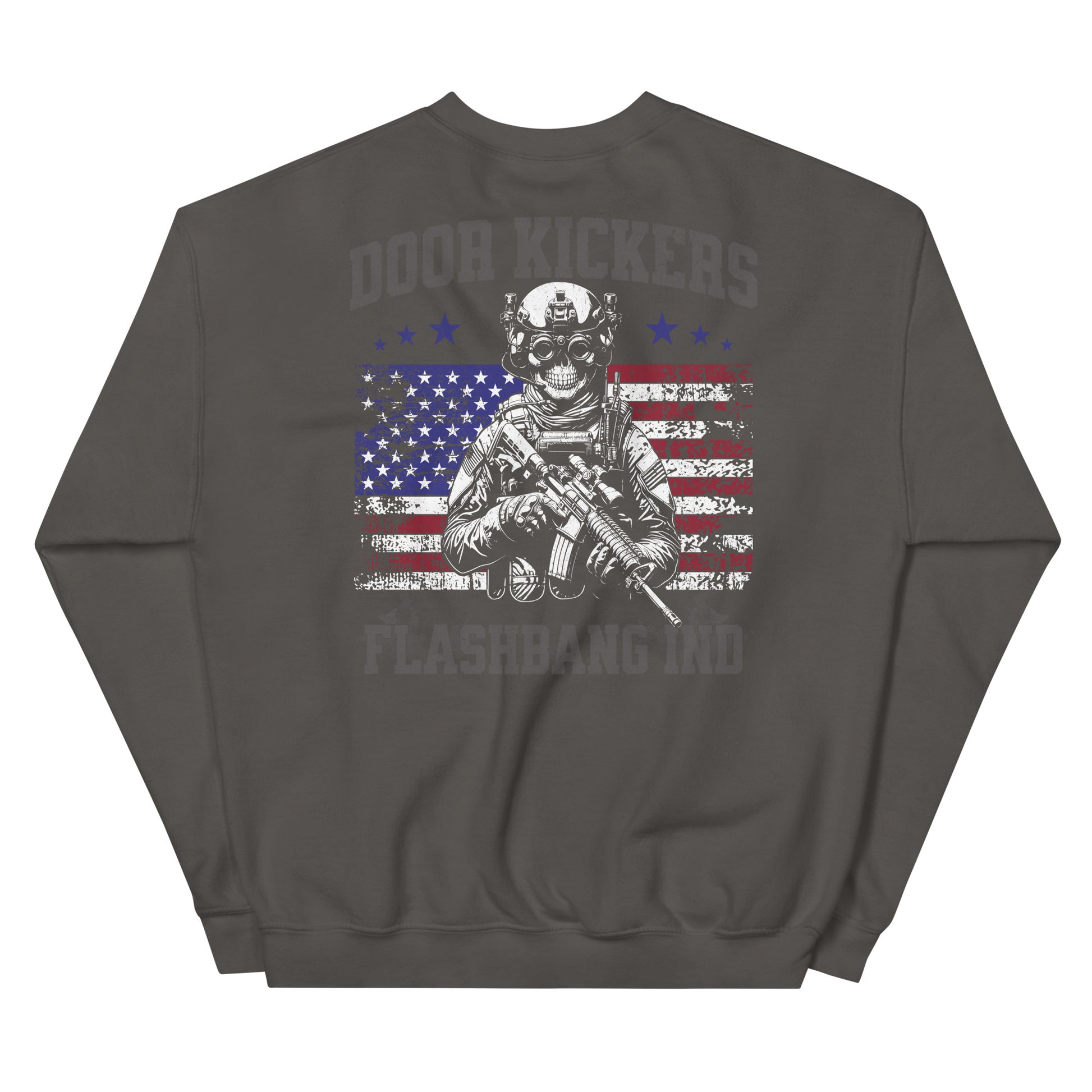 Dark gray sweatshirt with graphic design of a skeleton in military gear against an American flag background.