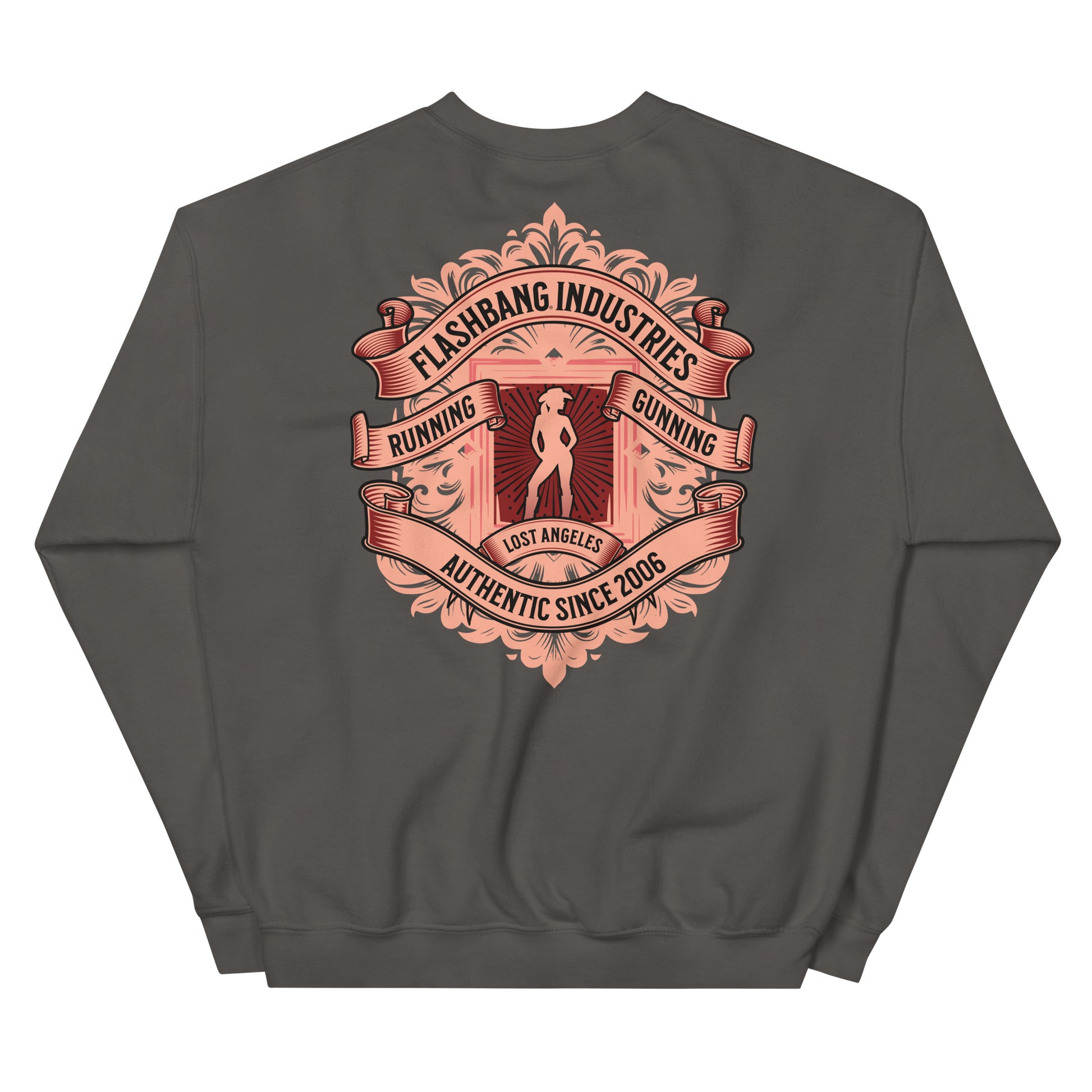 Gray sweatshirt with a red graphic design on the back on a white background