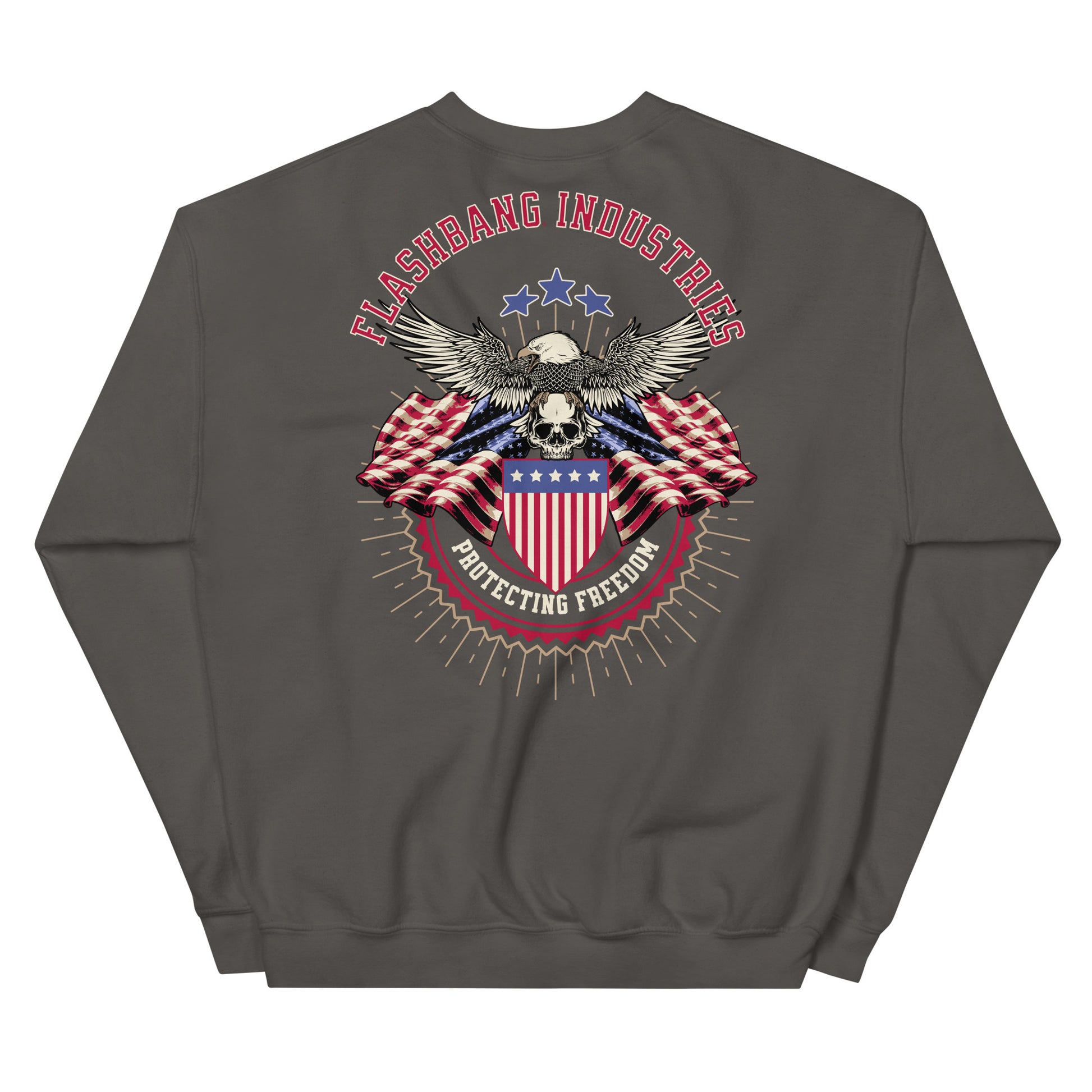 Gray sweatshirt with an eagle and American flag design on the back, featuring the text 'Flashbang Industries Protecting Freedom'.