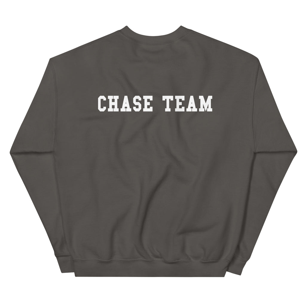 Dark gray sweatshirt with 'CHASE TEAM' text on a white background
