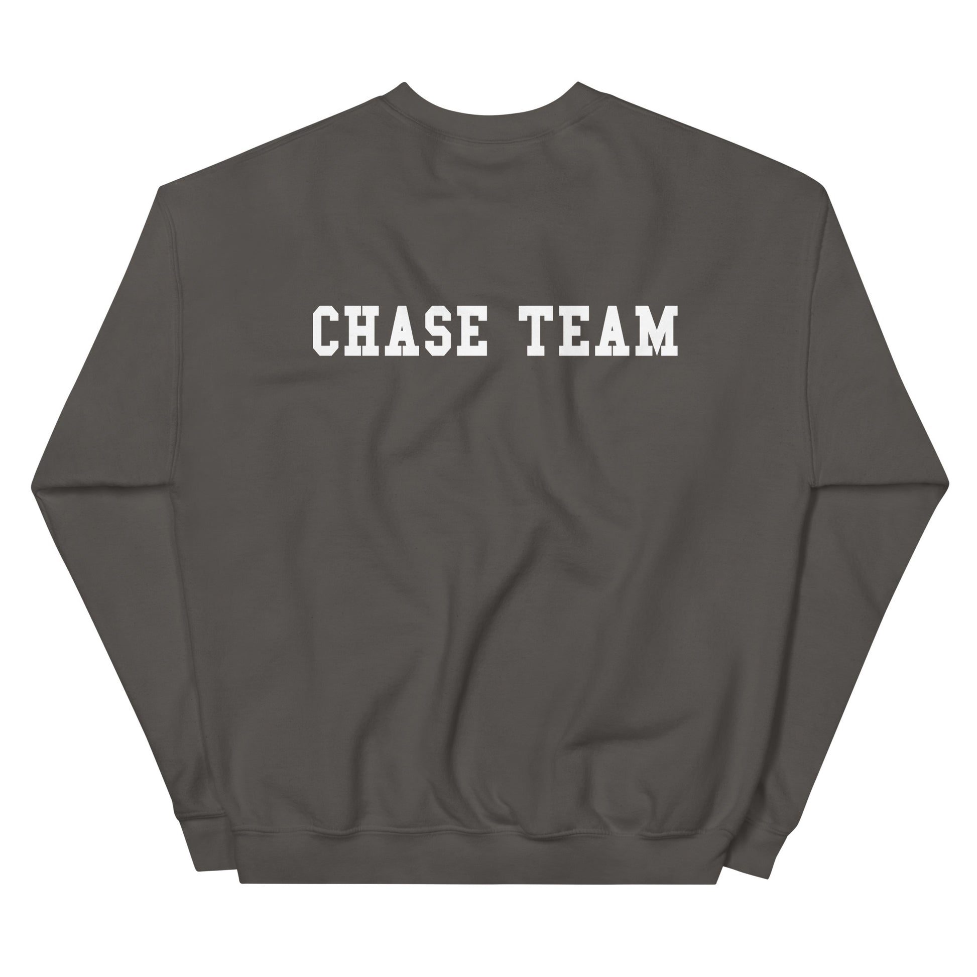 Dark gray sweatshirt with 'CHASE TEAM' text on a white background