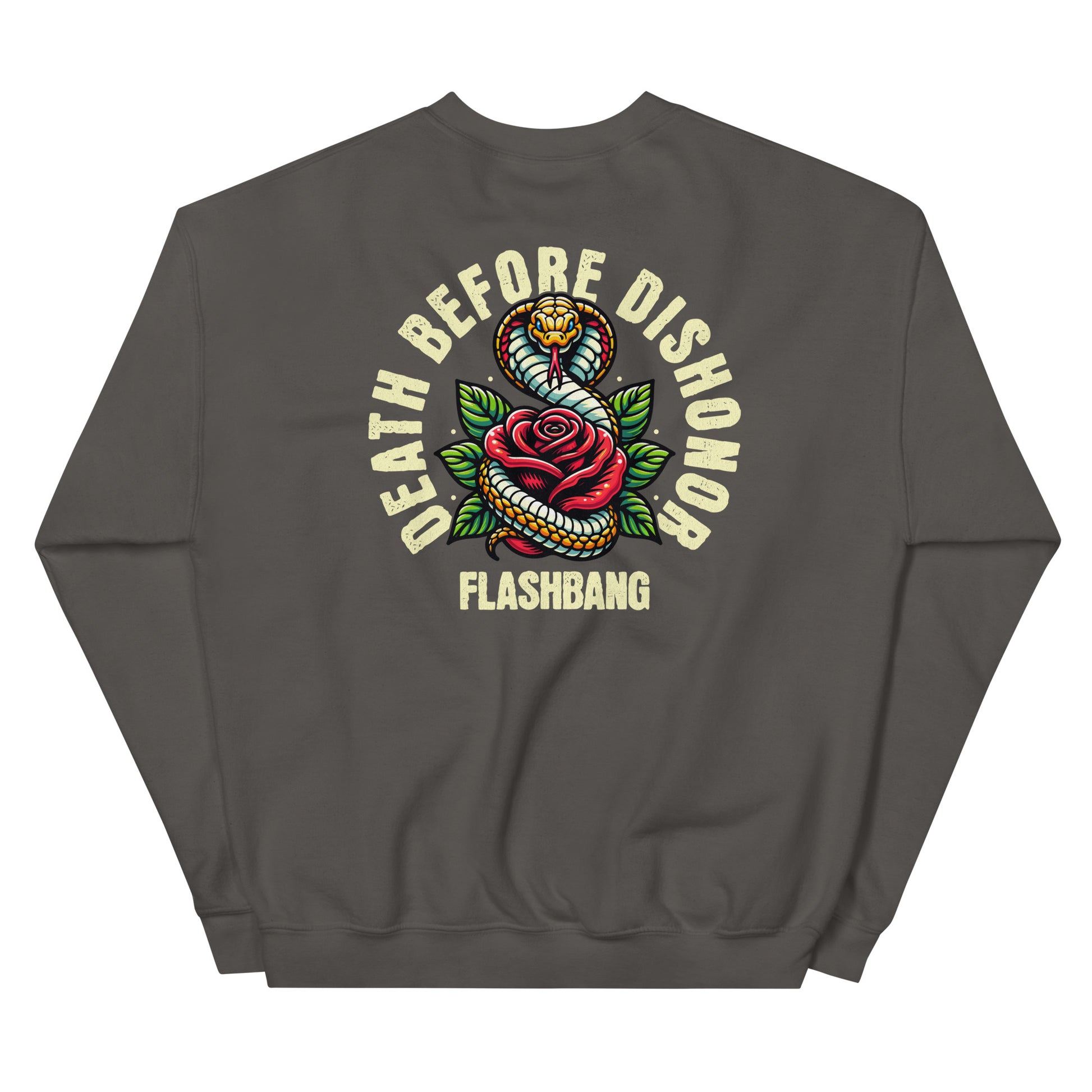 Gray sweatshirt with 'Death Before Dishonor Flashbang' design on a white background