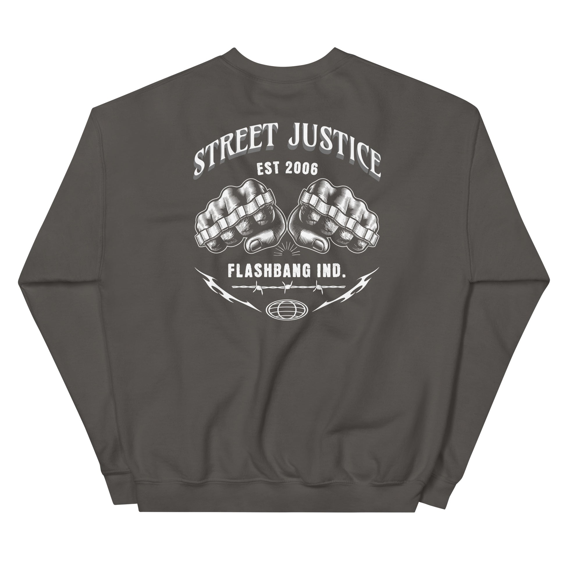 Gray sweatshirt with white graphic and text on a white background
