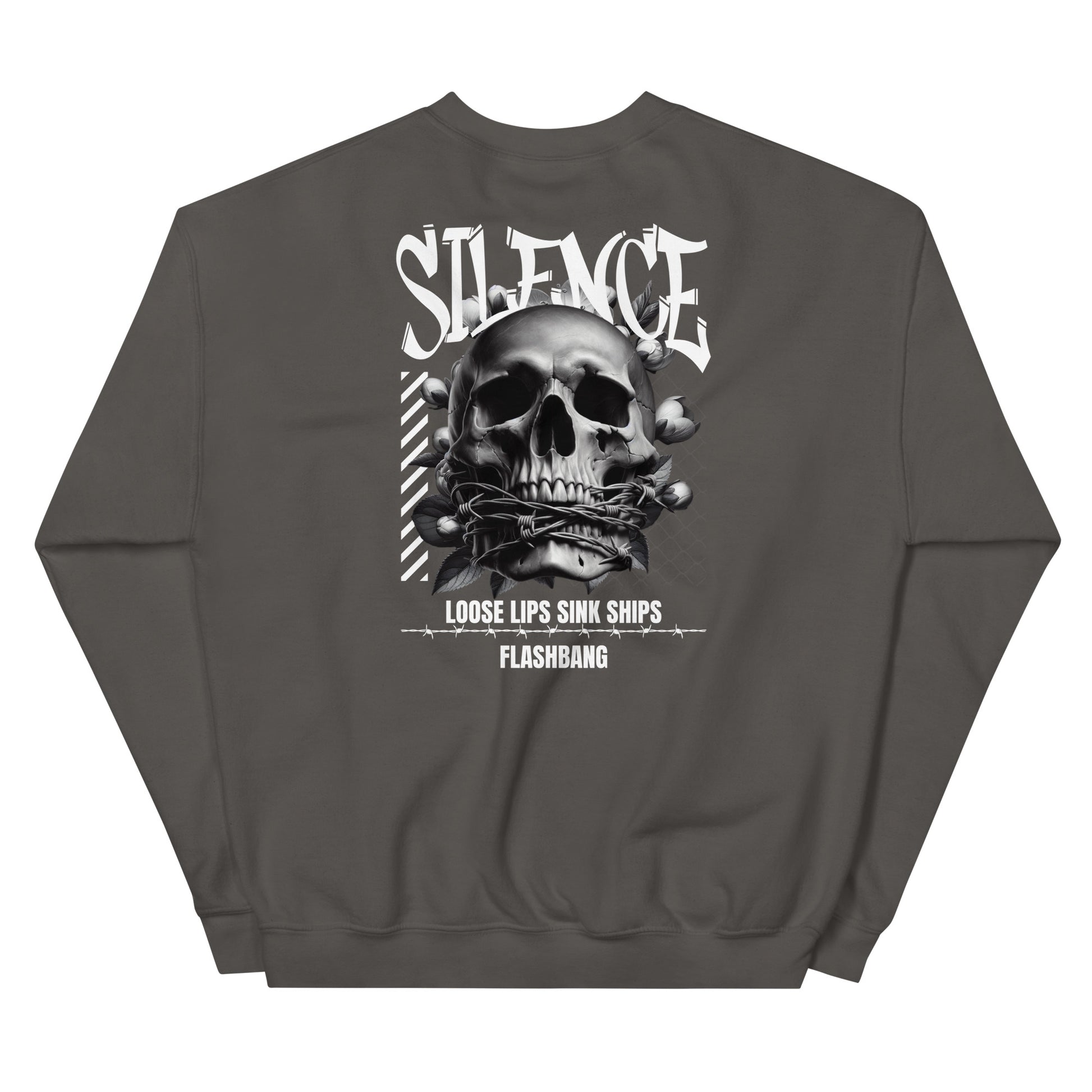Gray sweatshirt with skull graphic and text on a white background