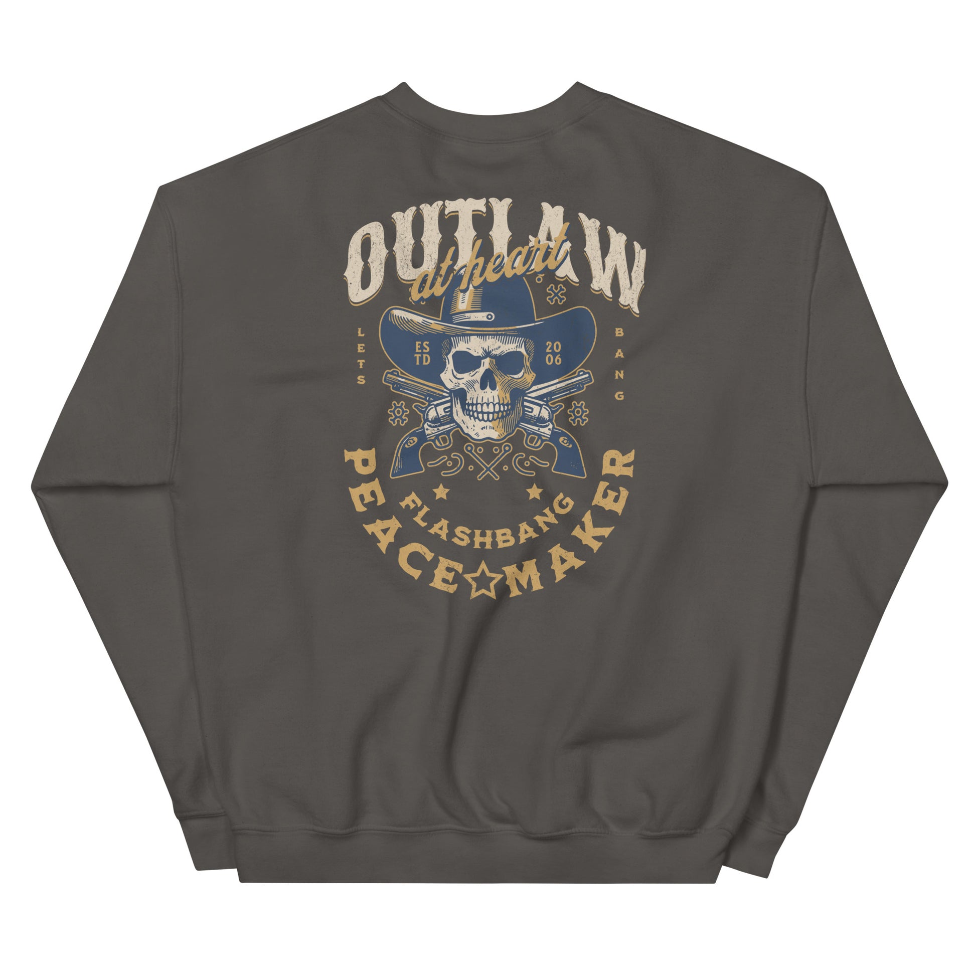 Gray sweatshirt with a skull and crossbones design on the back, featuring text and a cowboy hat.
