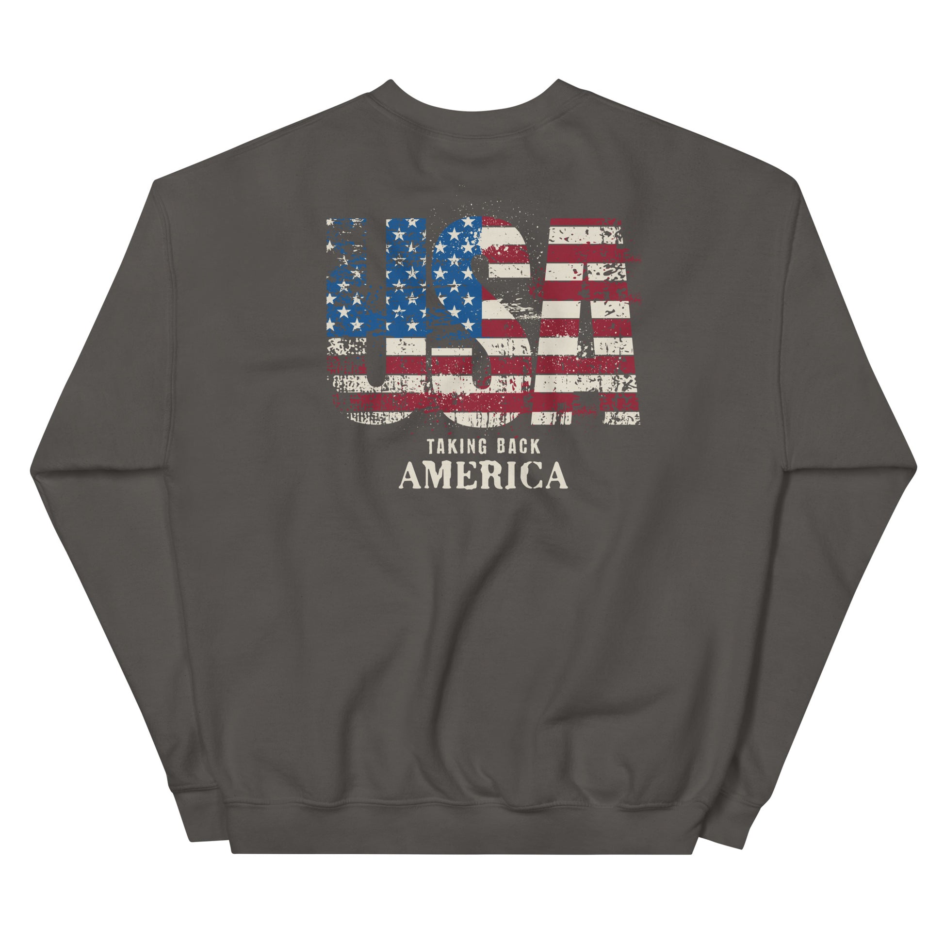 Dark gray sweatshirt with American flag design and text on a white background