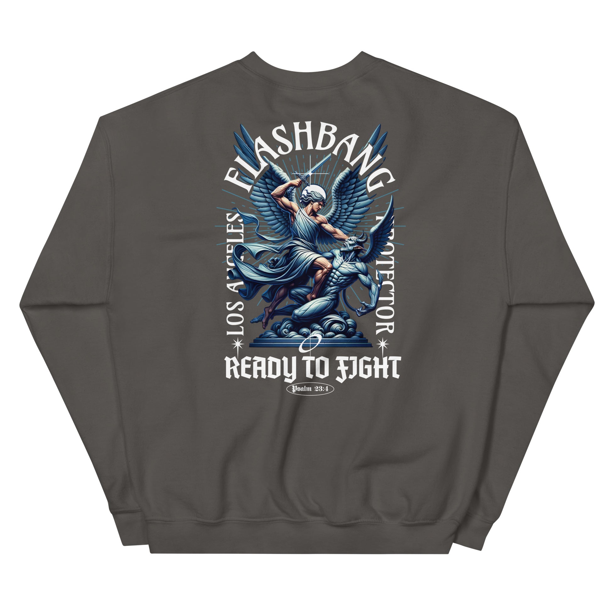 Gray sweatshirt with graphic design on the back featuring text and an angelic figure.
