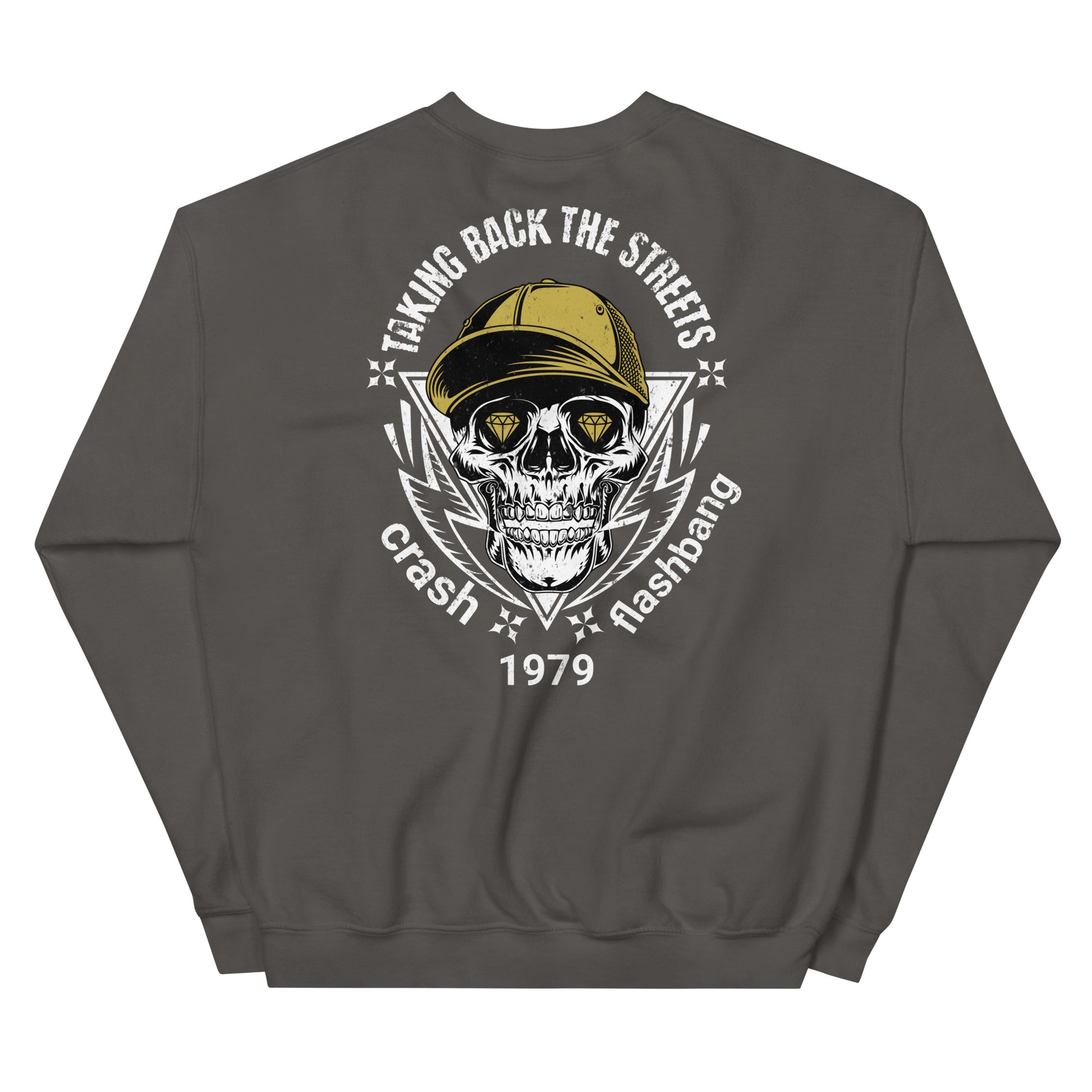 Gray sweatshirt with a skull wearing a cap and sunglasses design on the back, set against a white background.