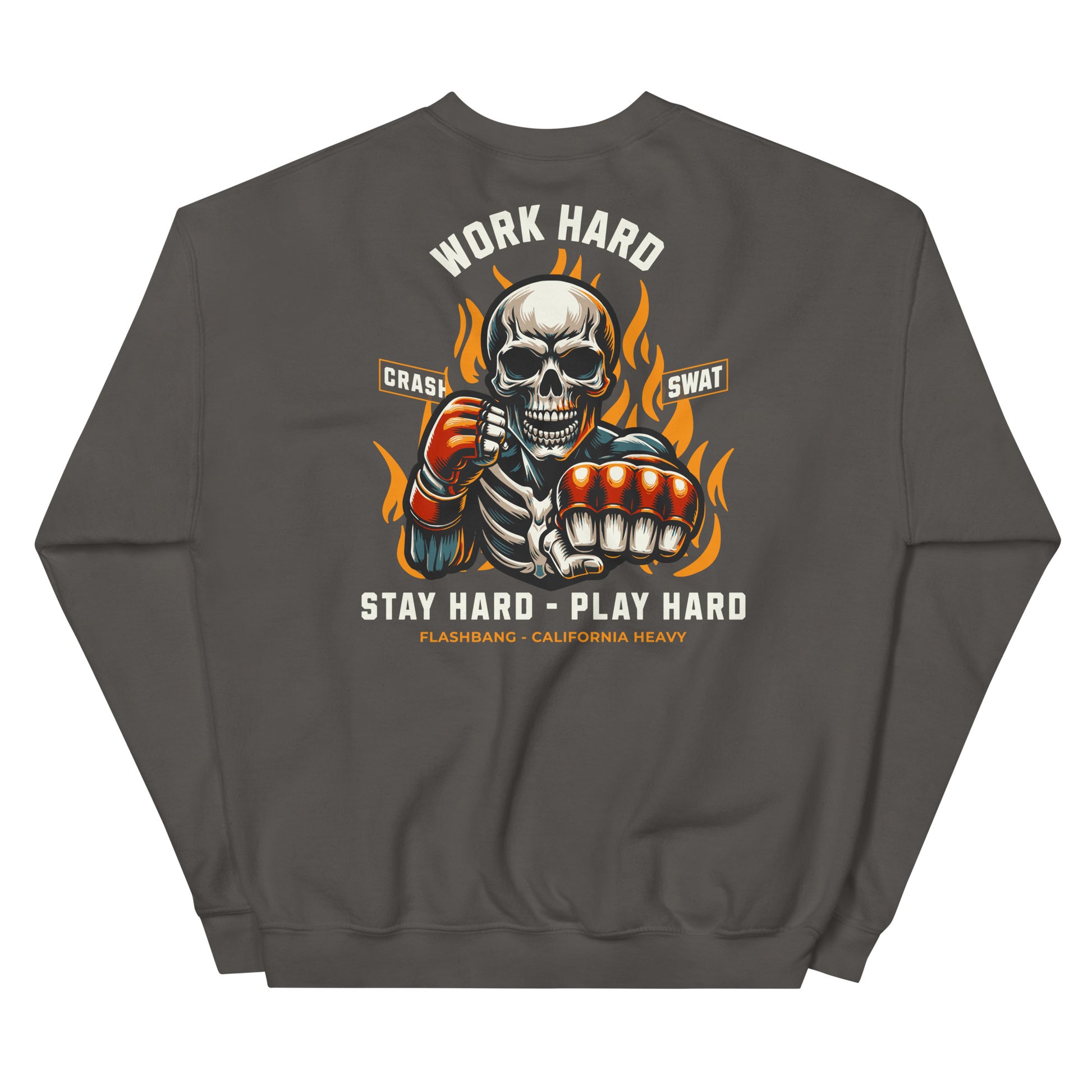 Gray sweatshirt with a skeleton holding boxing gloves and text on the back