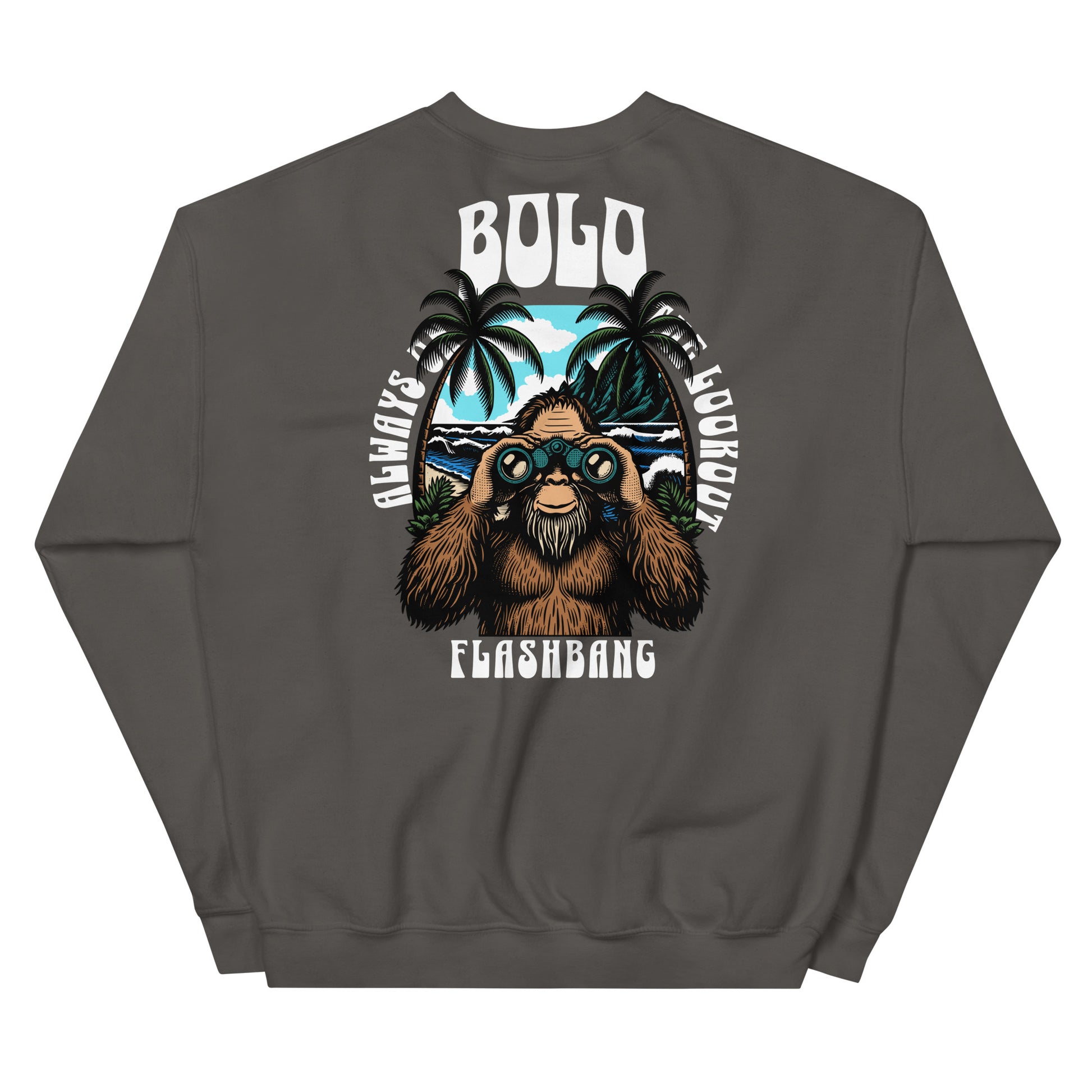 Gray sweatshirt with a graphic of a bear holding binoculars and text on the back, on a white background.