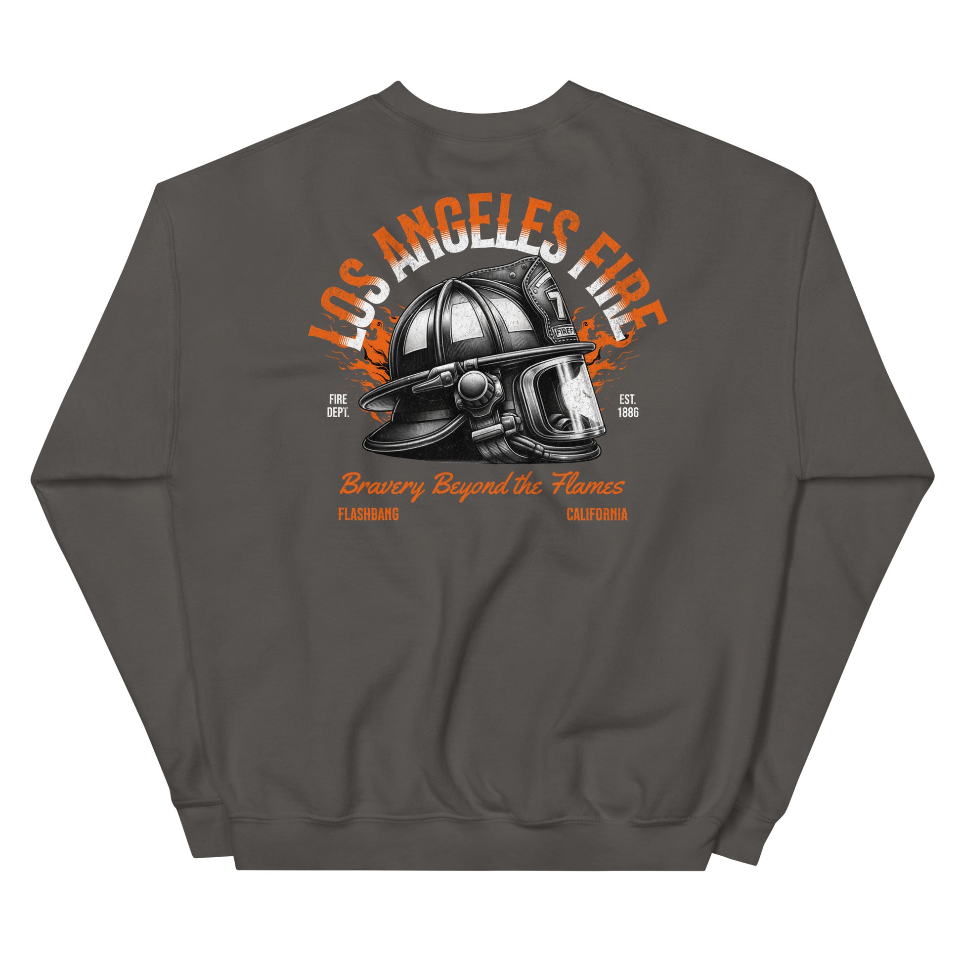 Gray sweatshirt with a fire helmet graphic and text on the back, on a white background