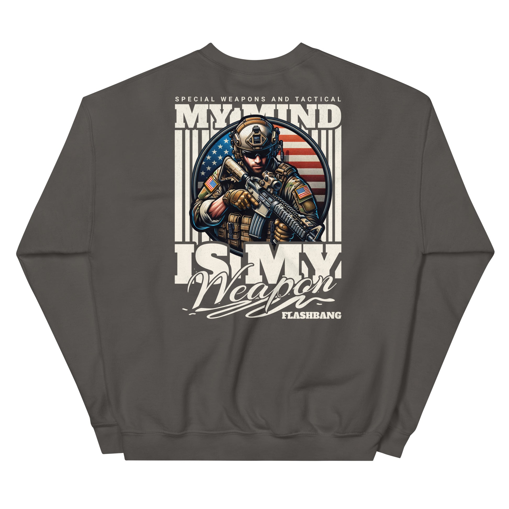 Gray sweatshirt with a graphic design of a soldier and text on the back, on a white background.