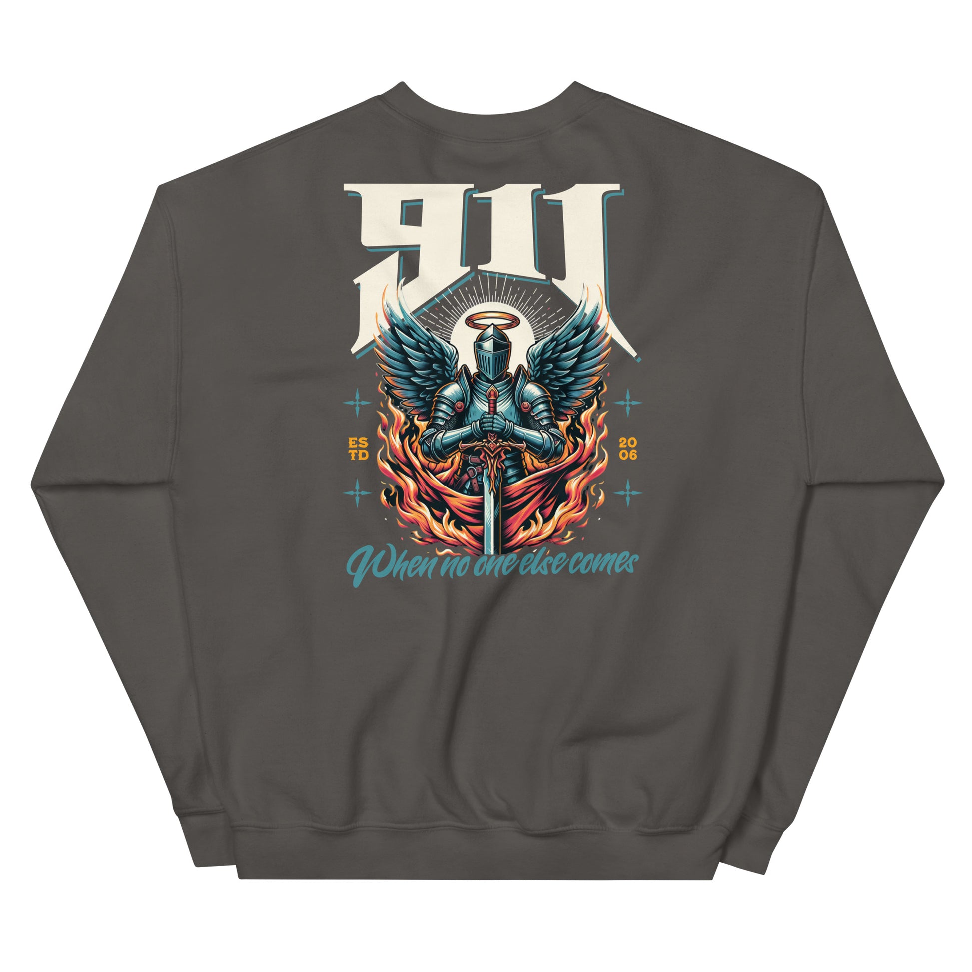 Gray sweatshirt with a graphic design of a knight with wings and flames on the back.