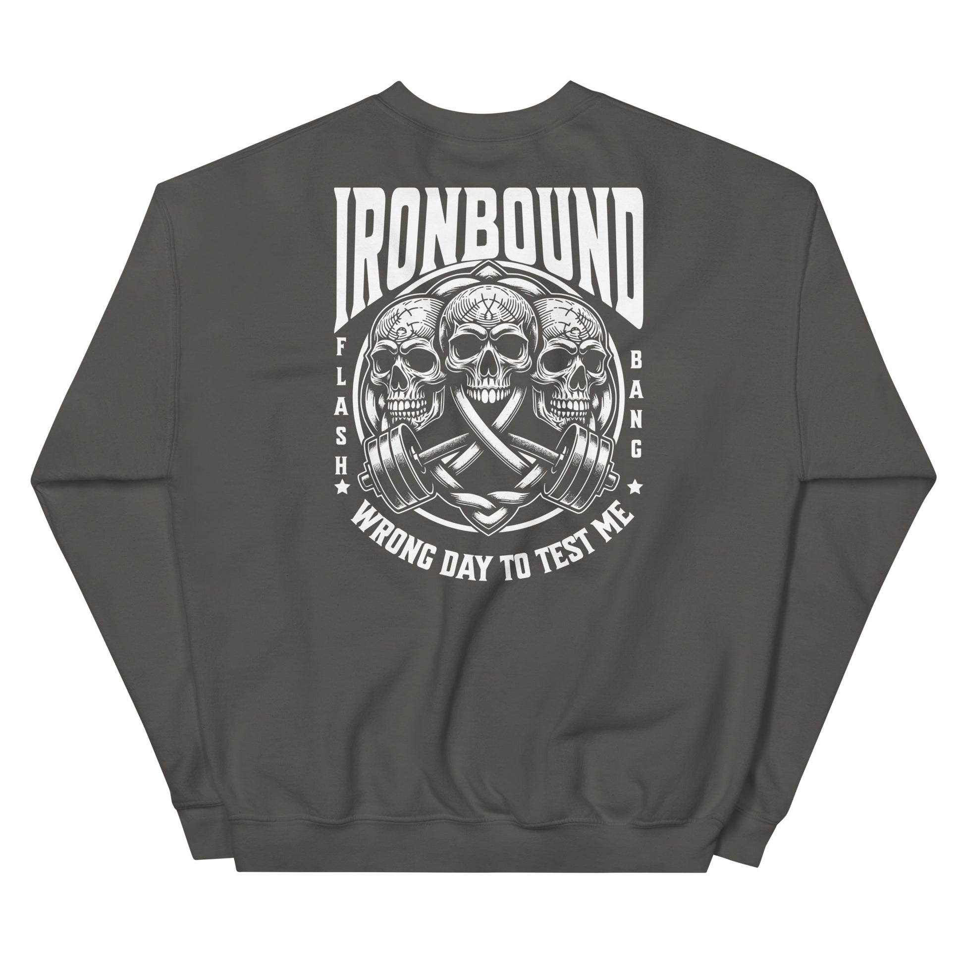 Dark gray sweatshirt with skull and barbell graphic on the back, featuring the brand 'Ironbound'.