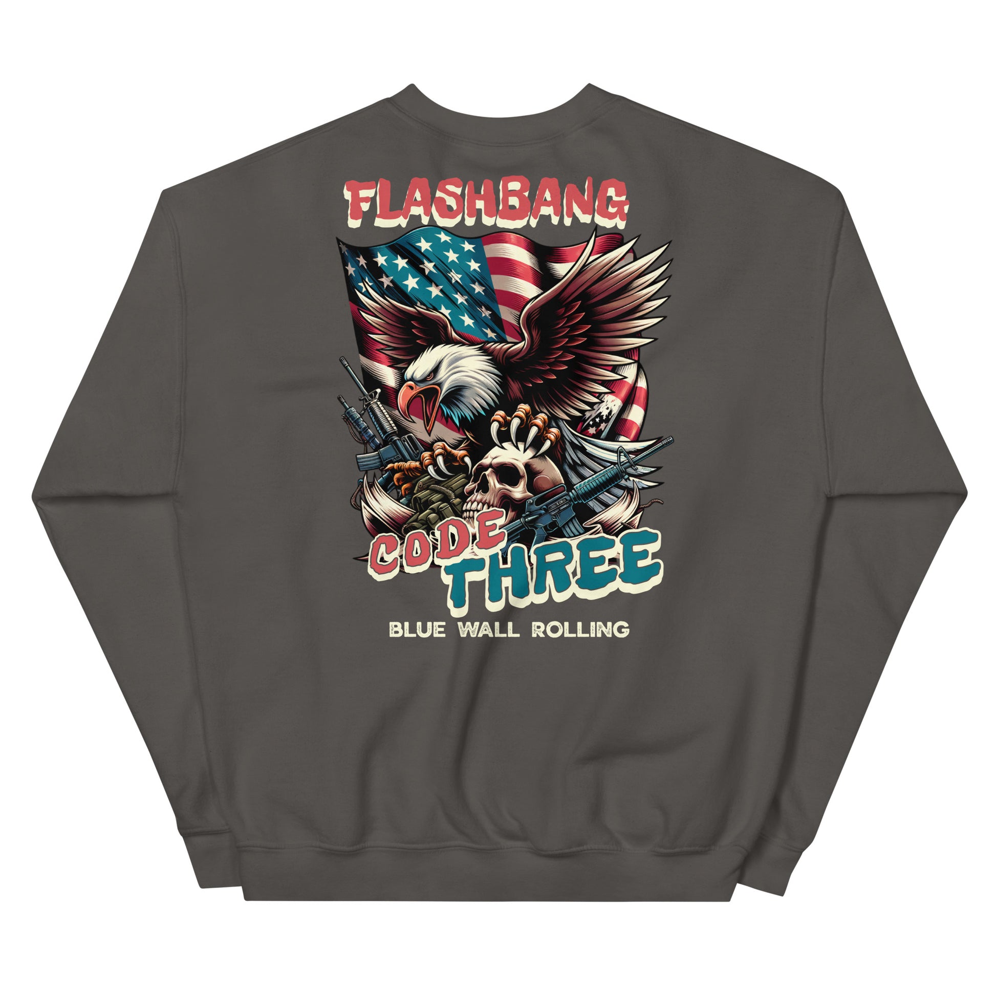 Gray sweatshirt with 'Flashbang Code Three' graphic design on the back