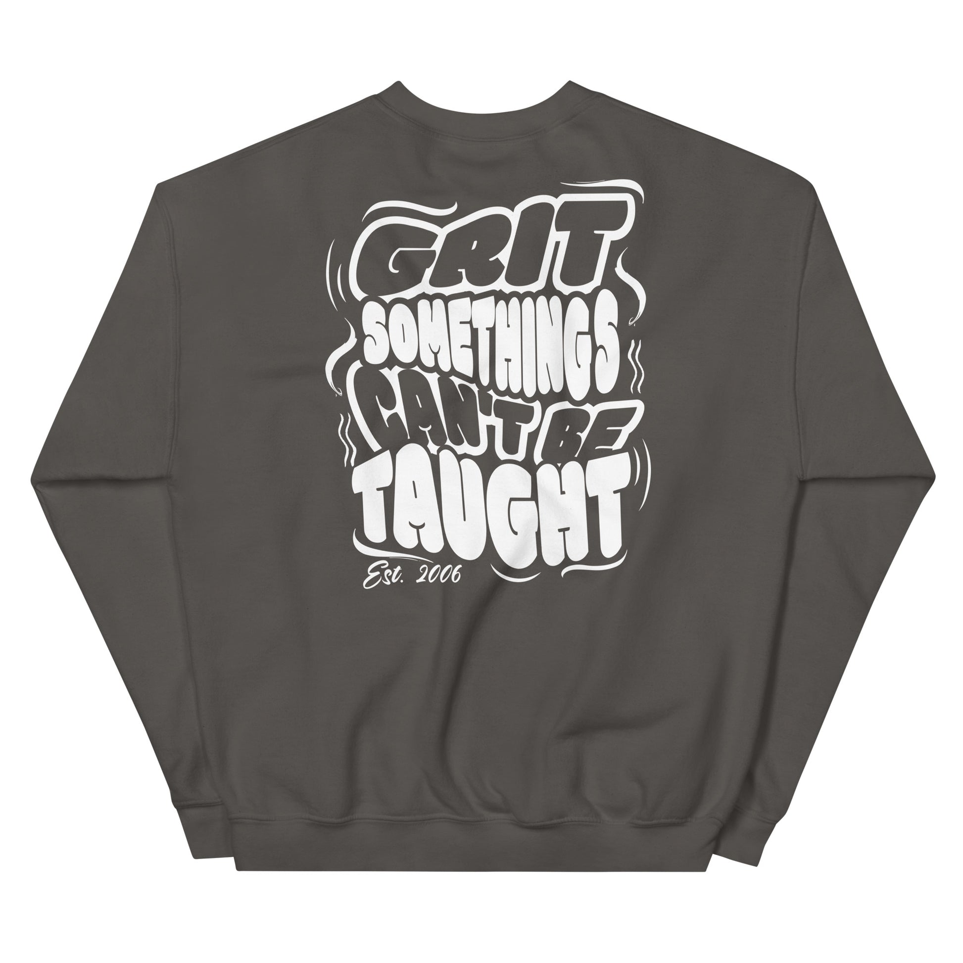 Dark gray sweatshirt with white text on a white background