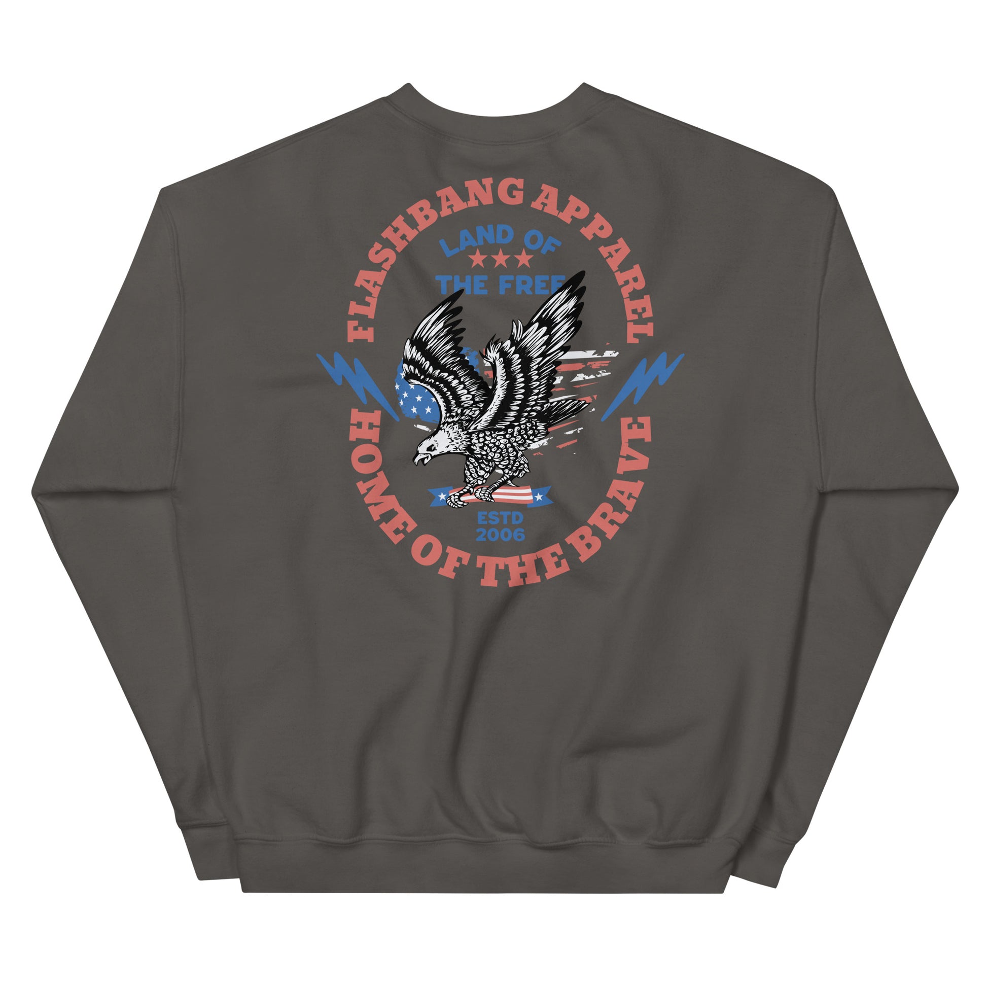 Gray sweatshirt with 'Flashbang Apparel' graphic on the back