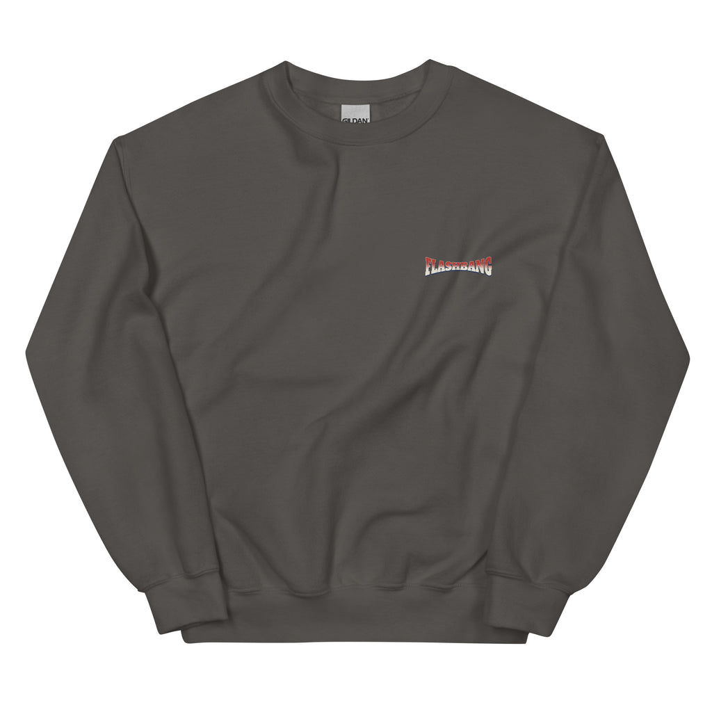 Dark gray sweatshirt with a small red and white logo on a white background