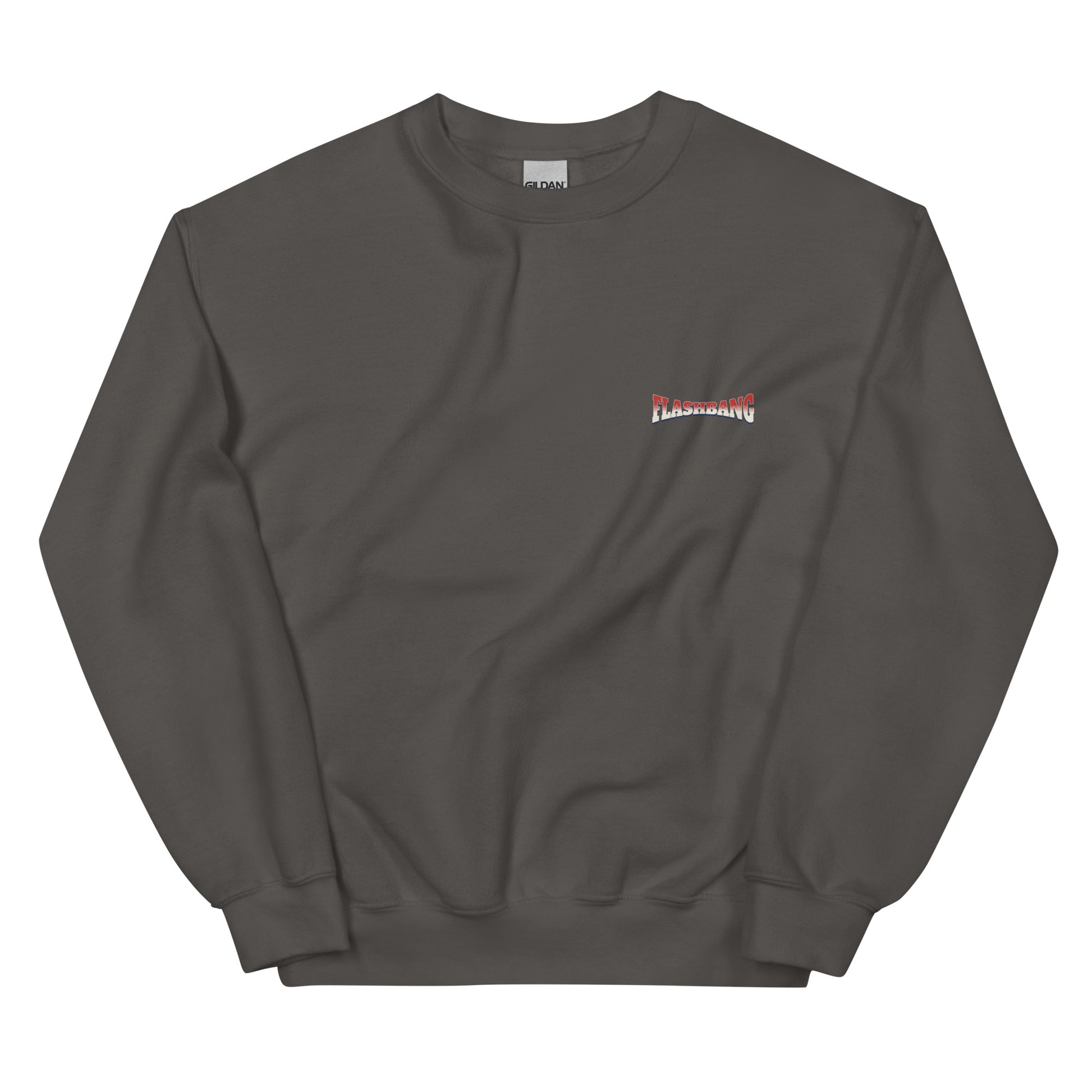 Dark gray sweatshirt with a small red and white logo on a white background