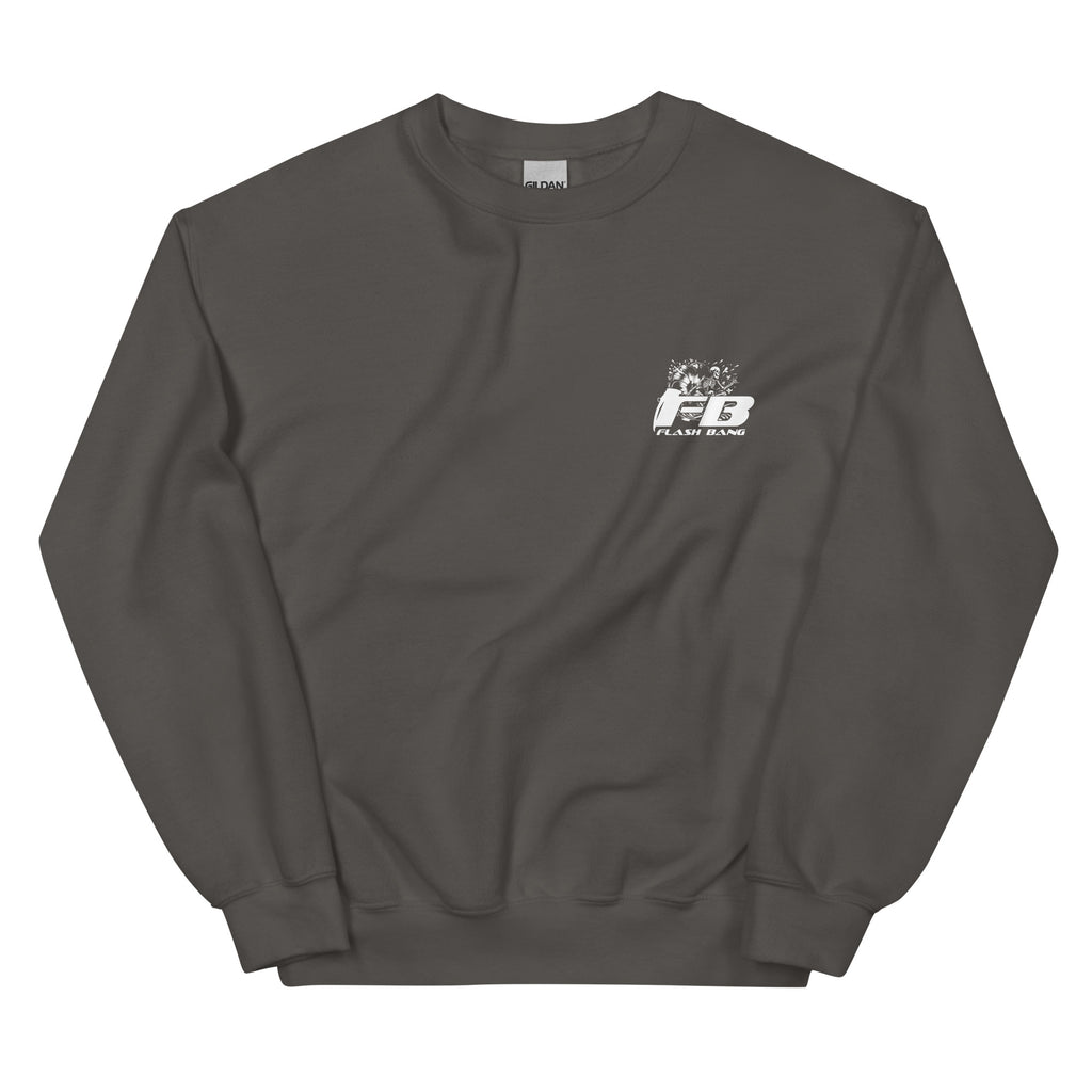 Dark gray sweatshirt with a logo on the chest against a white background