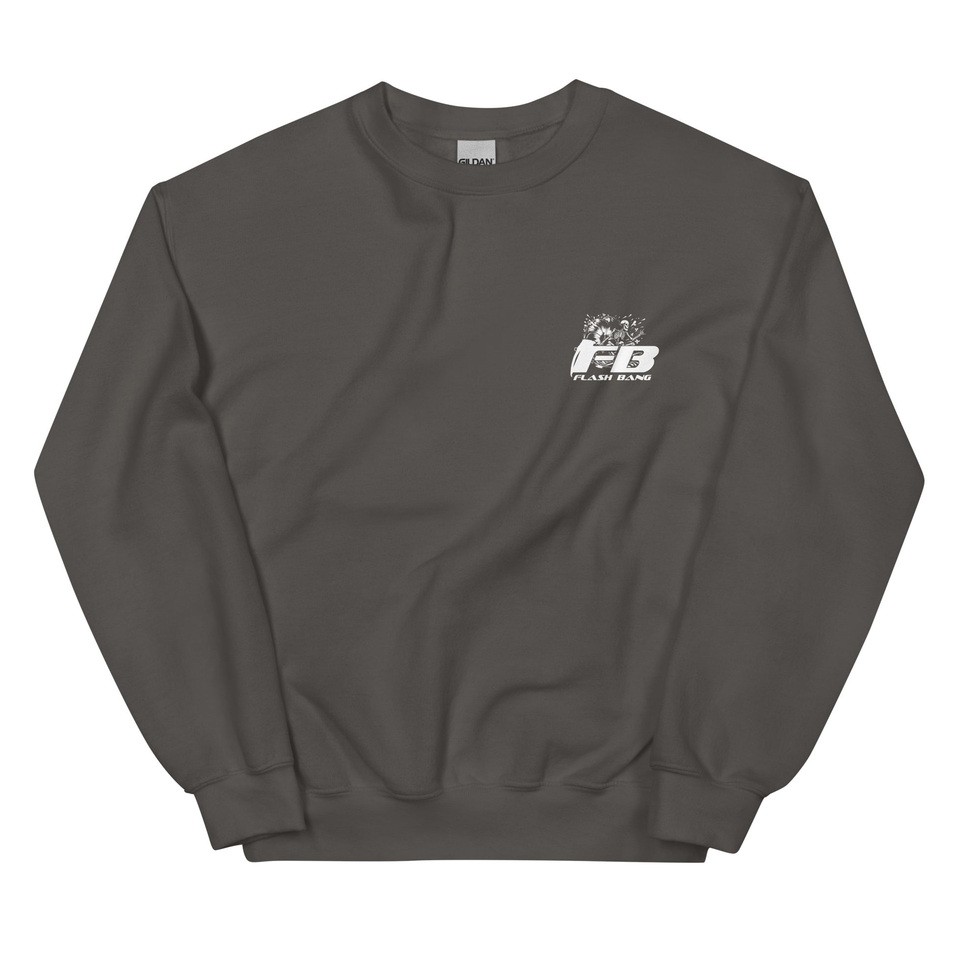 Dark gray sweatshirt with a logo on the chest against a white background