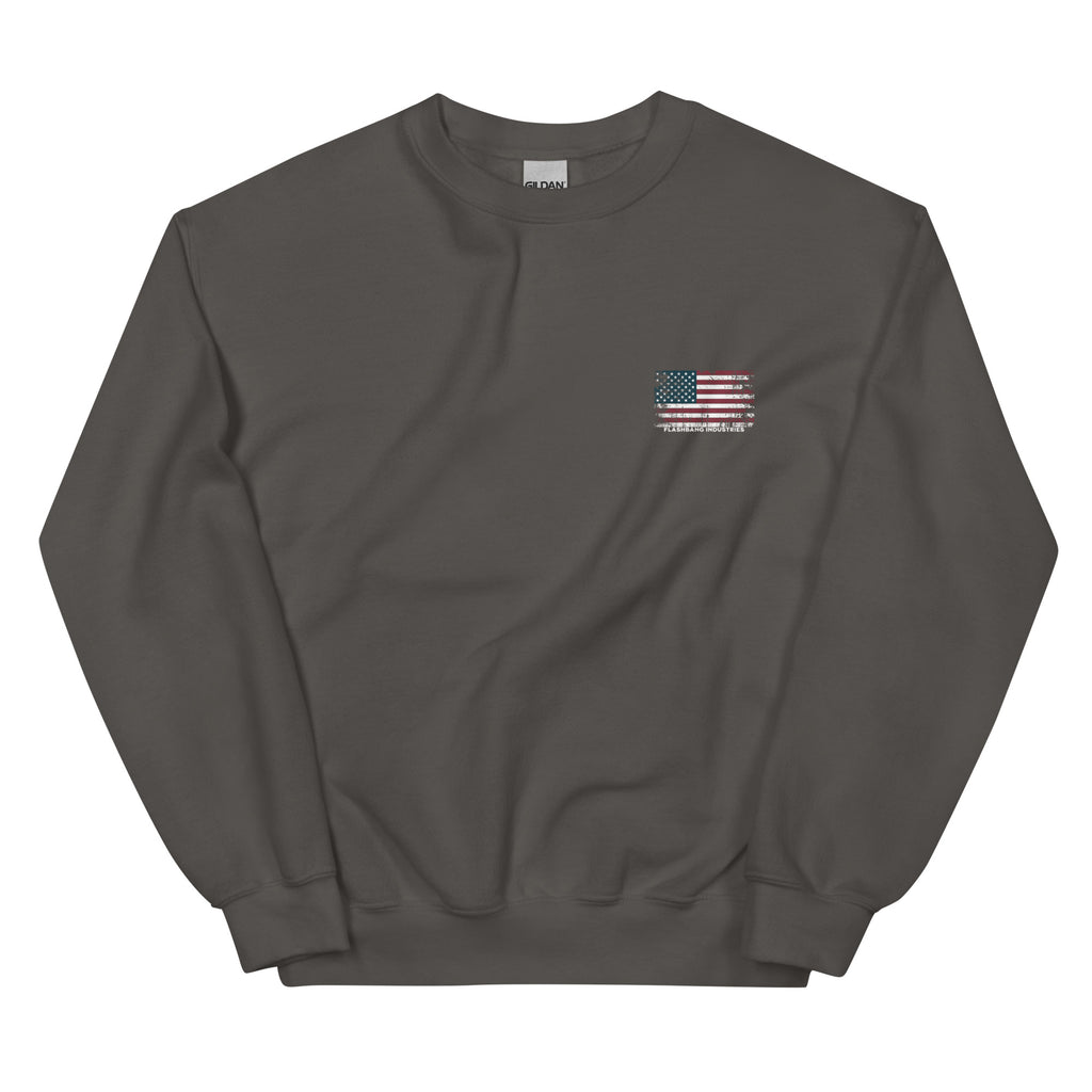 Dark gray sweatshirt with a small American flag patch on a white background