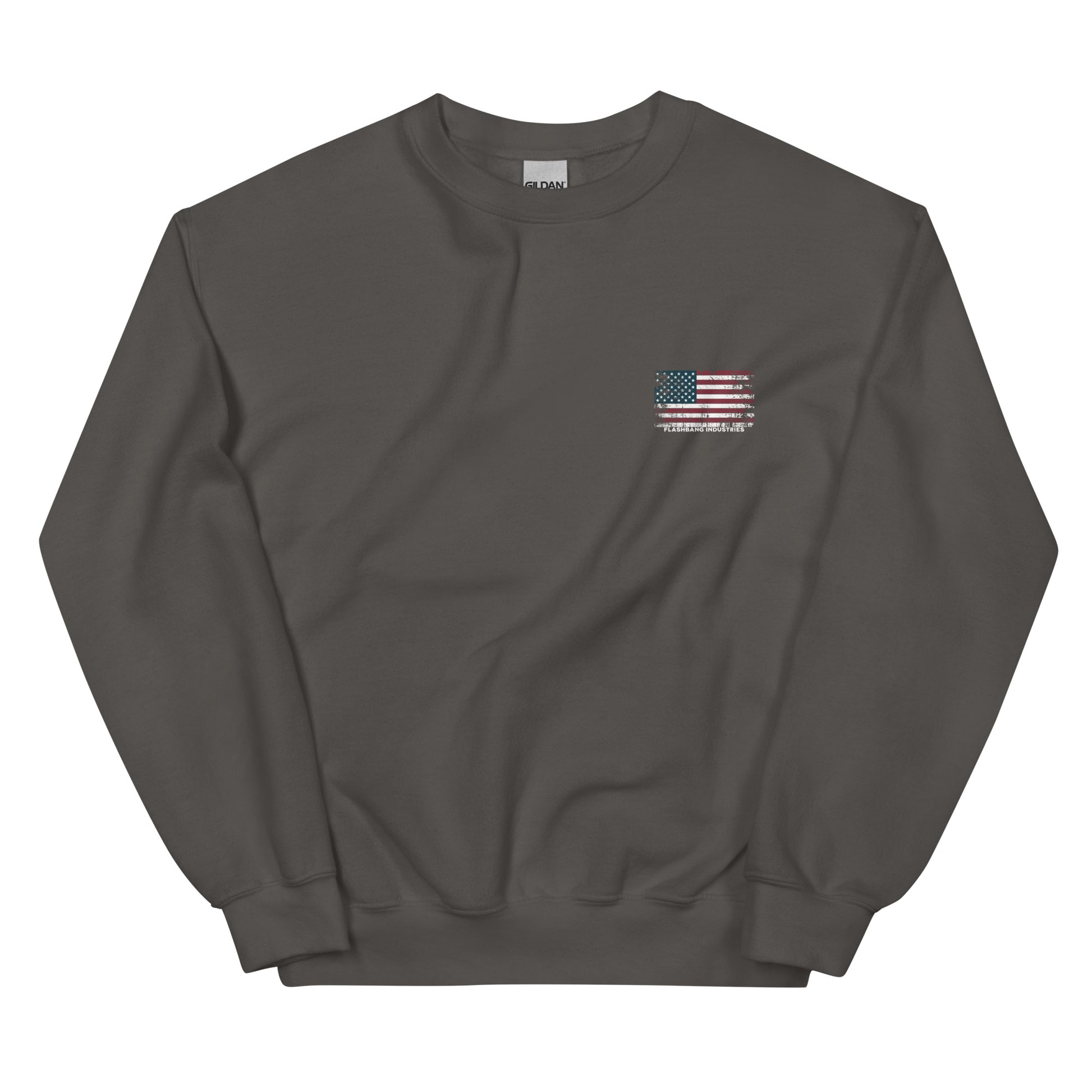 Dark gray sweatshirt with a small American flag patch on a white background