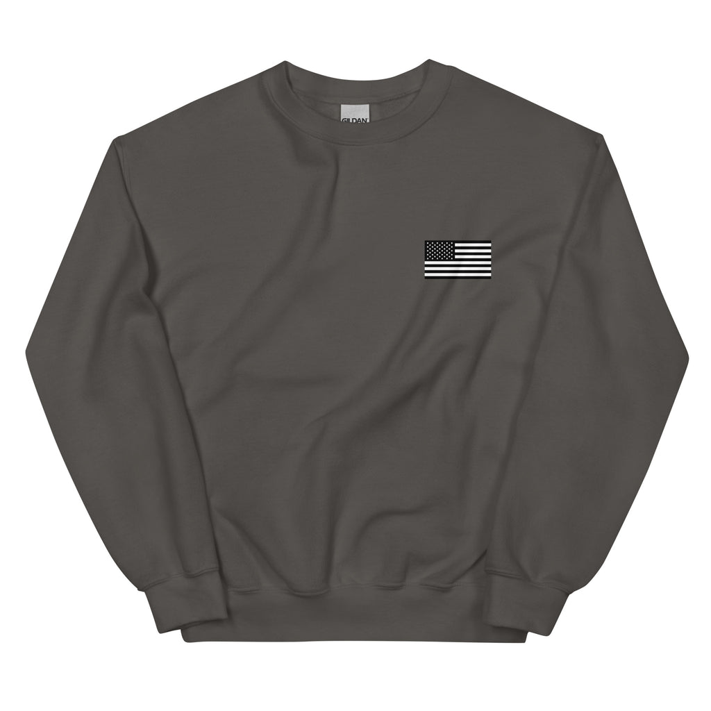 Dark gray sweatshirt with a small American flag patch on a white background
