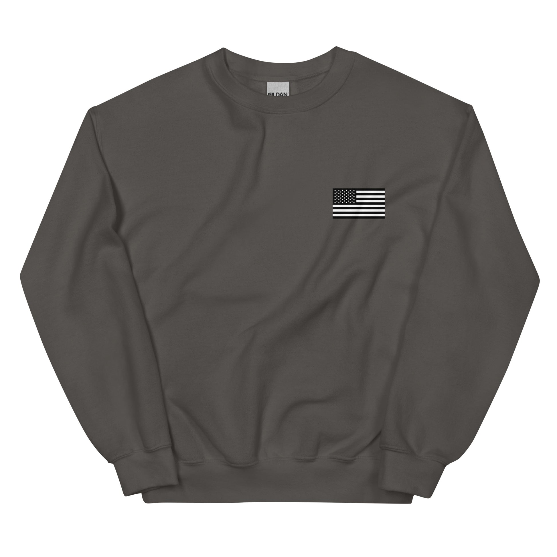 Dark gray sweatshirt with a small American flag patch on a white background