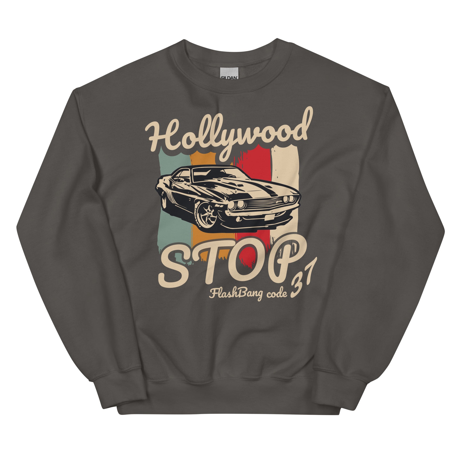 Gray sweatshirt with a graphic of a car and text on a white background